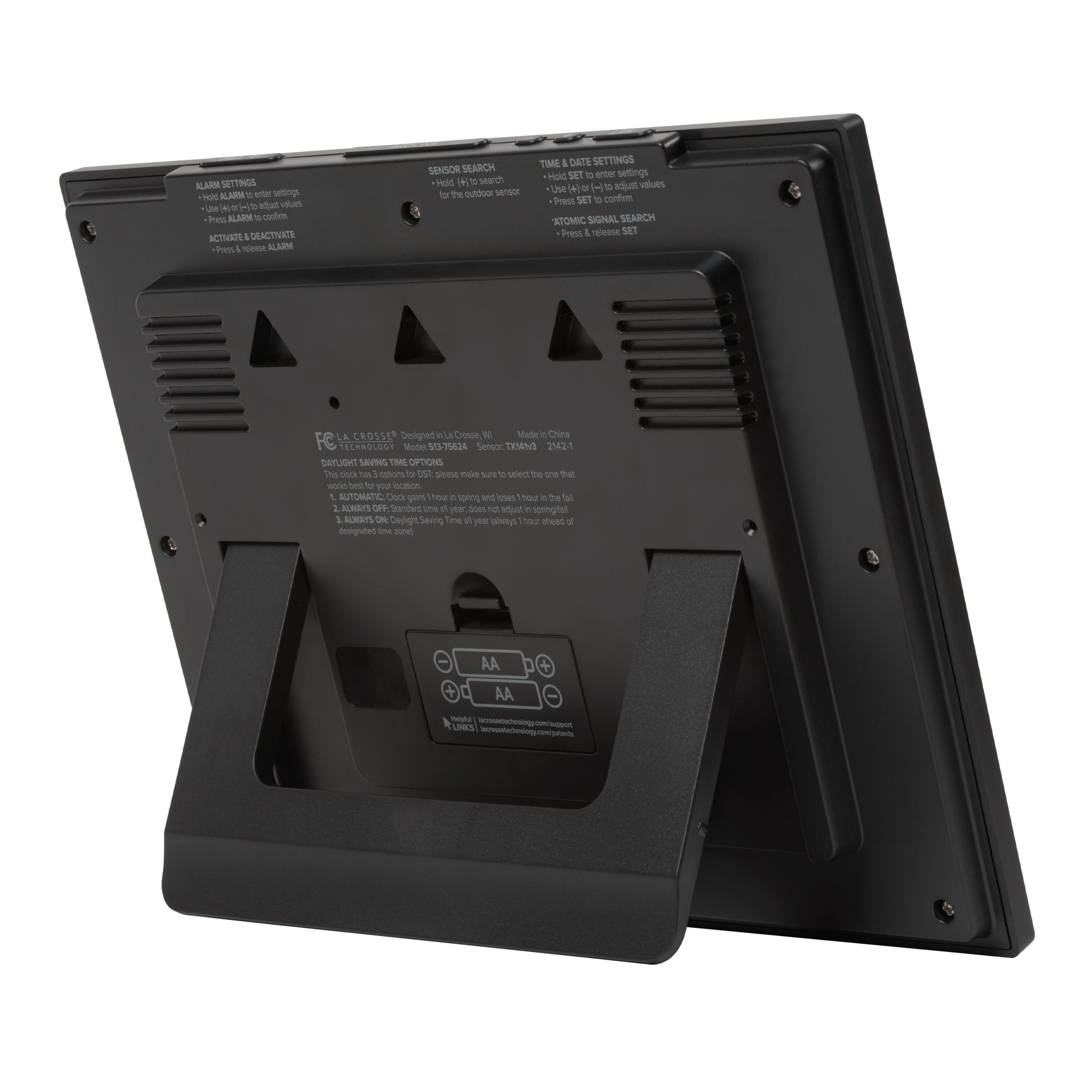 **ALARM SETTINGS**
- Hold ALARM to enter settings
- Use UP/DOWN to scroll through settings
- Use SET to confirm settings
- Press & hold ALARM to exit

**ACTIVATE & DEACTIVATE**
- Press & hold ALARM

**SENSOR SEARCH**
- Hold SET to search for outdoor sensor
- Press & hold SET for 3 seconds

**TIME & DATE SETTINGS**
- Hold SET to enter settings
- Use UP/DOWN to scroll through values
- Use SET to confirm values
- Press & hold SET to exit

**ATOMIC SIGNAL SEARCH**
- Press & hold SET

**FC LA CROSSED**
- Designed in La Crosse, WI
- Made in China
- Model: FC-51375424
- Serial: 443V
- Sensor: TEMPS 21421
- Status: 1
- Date: 24-1-2
- Part: 1
- Code: 1
- Head of

**CAMTECHNOLOGIES**
- Designed for your location
- Designed to save energy
- Designed to save time
- Designed to save money
- Designed to save the planet

**