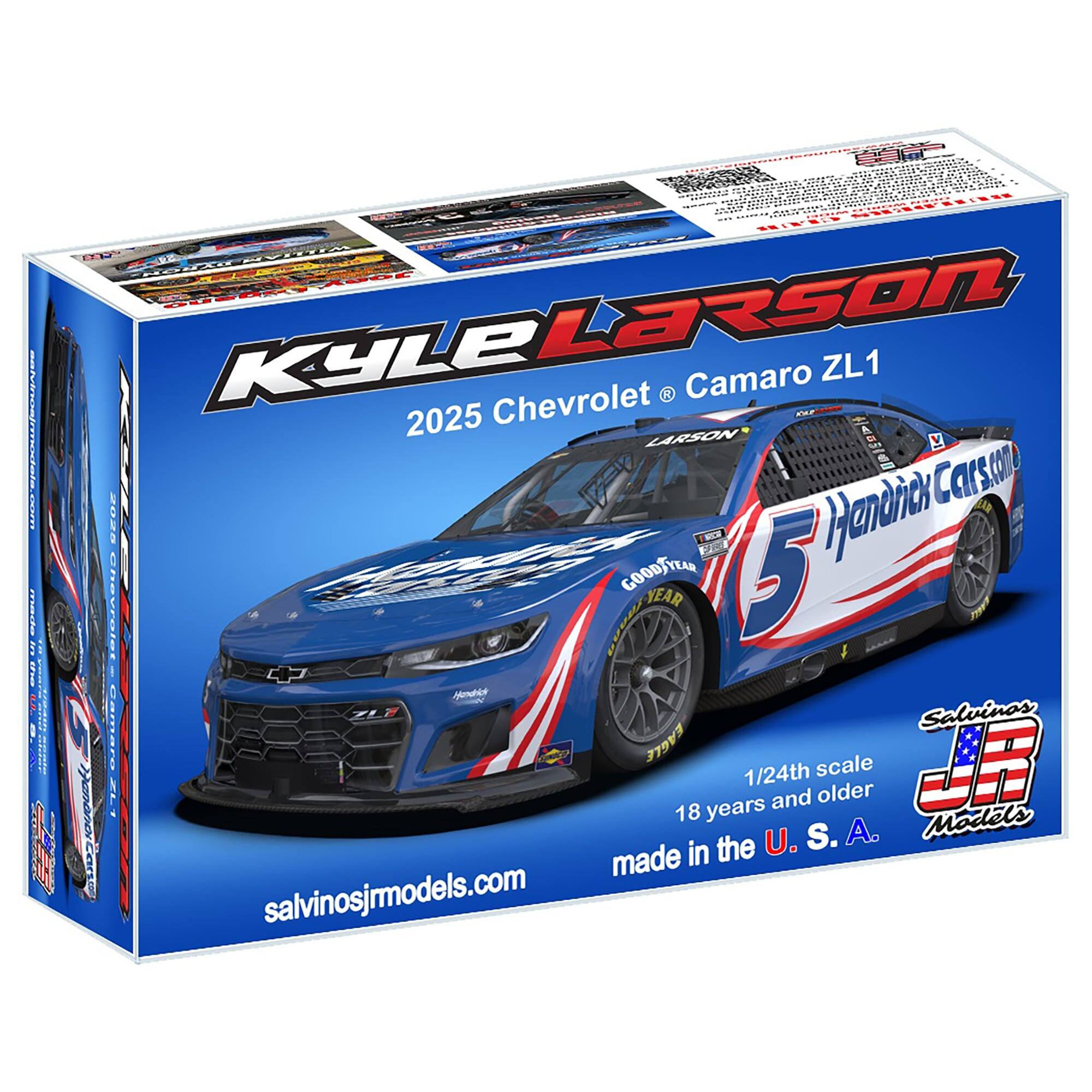 Kyle Larson  
2025 Chevrolet Camaro ZL1  
1/24th scale  
18 years and older  
made in the U.S.A.  
salvinosjrmodels.com