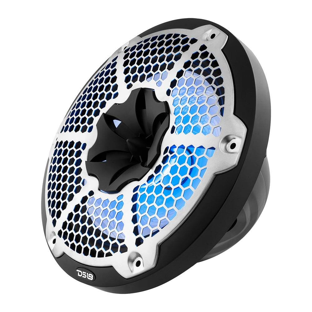 Left. DS18 Audio - NXL 10" 2-way Coaxial Speaker with RGB LED Lights, Built-in Driver and Grille (Pair), 200W RMS 4-Ohm - Black.