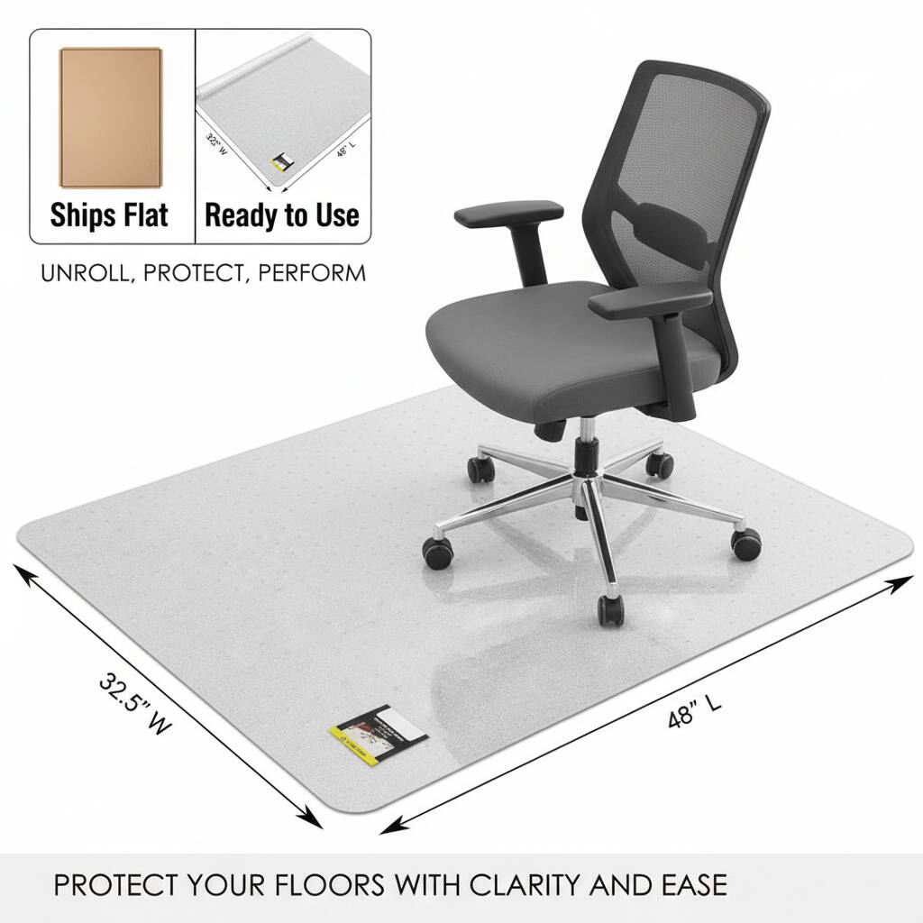 E% M 1 NE Ships Flat Ready to Use UNROLL, PROTECT, PERFORM  
32.5" W L 48"  
PROTECT YOUR FLOORS WITH CLARITY AND EASE