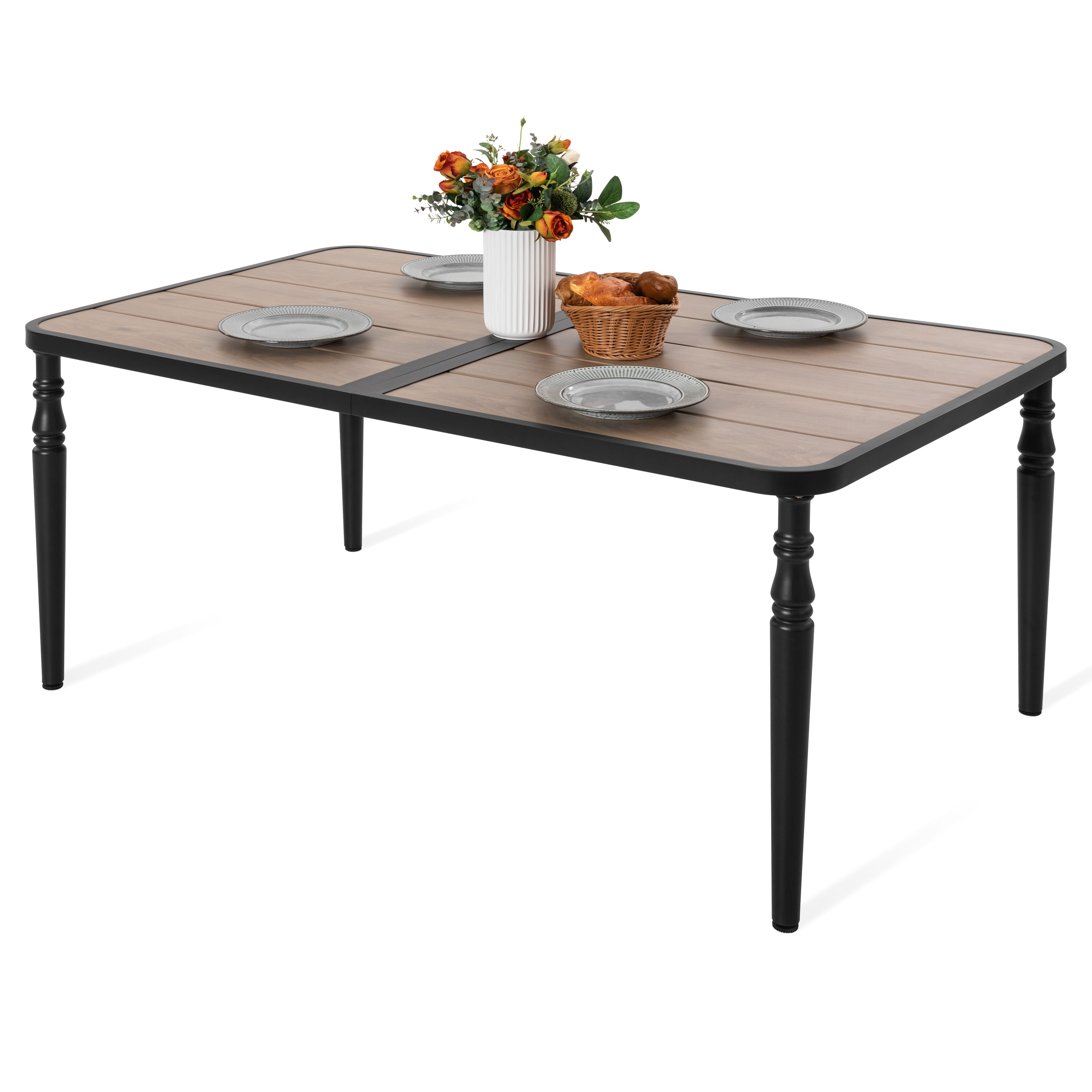 Nuu Garden - Outdoor 61'' x 37'' Rectangle Iron Dining Table with 1.6'' Umbrella Hole, Slatted Tabletop - Wood-grain finish