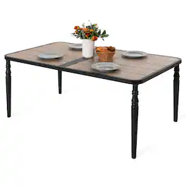 Nuu Garden - Outdoor Rectangle Metal Dining Table with Wood-Grain Tabletop, Umbrella Hole - Black and wood-grain finish