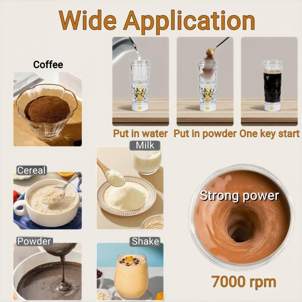 Wide Application

Coffee  
Put in water  
Put in powder  
One key start  
Milk  

Cereal  
Powder  
Shake  

Strong power  
7000 rpm
