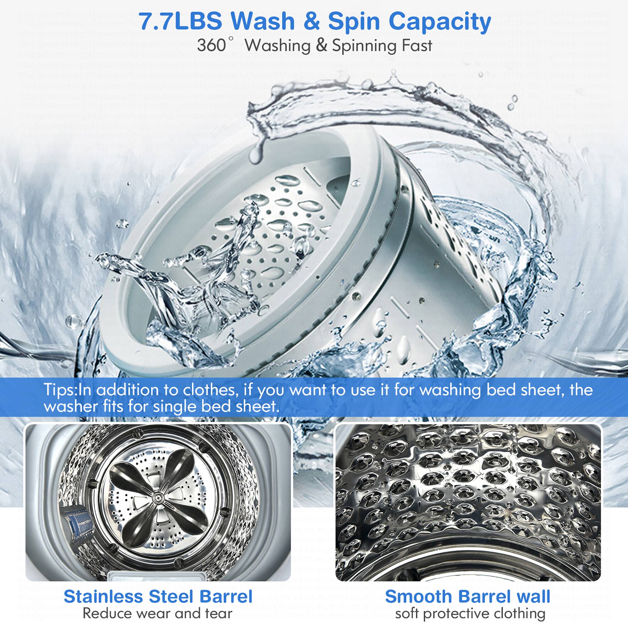 The text on the image is grouped as follows:
1. 7.7LBS Wash & Spin Capacity 360 Washing & Spinning Fast
2. Tips: In addition to clothes, if you want to use it for washing bed sheet, the washer fits for single bed sheet.
3. Stainless Steel Barrel
4. Reduce wear and tear
5. Smooth Barrel wall
6. soft protective clothing
