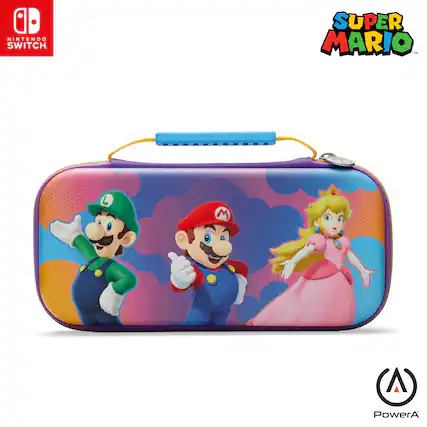 The image features a Nintendo Switch Super Mario case. The case is designed with three different characters from the Super Mario game. The characters are Mario, Luigi, and Princess Peach, each occupying a different section of the case. The case is purple and has a colorful design, making it a fun and unique accessory for fans of the Super Mario game.