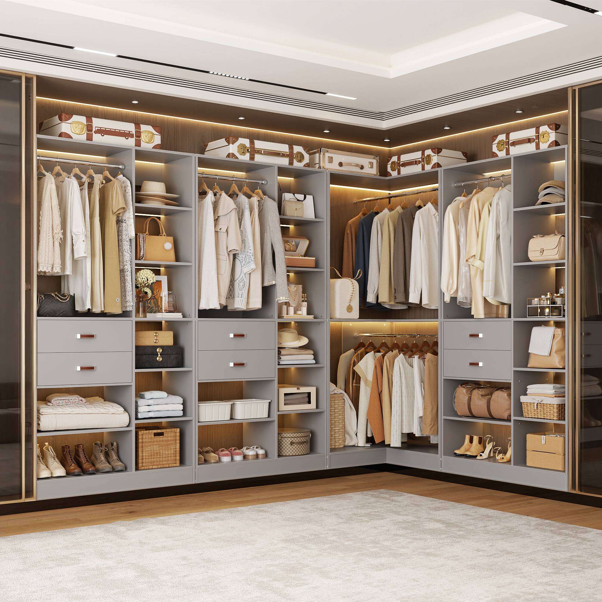 Alt View 1. Aheaplus - 120'' Wide 3-Piece Walk-in Closet Organizer, 6 Drawers, 3 Hanging Rods, 30 Open Shelves - Gray.