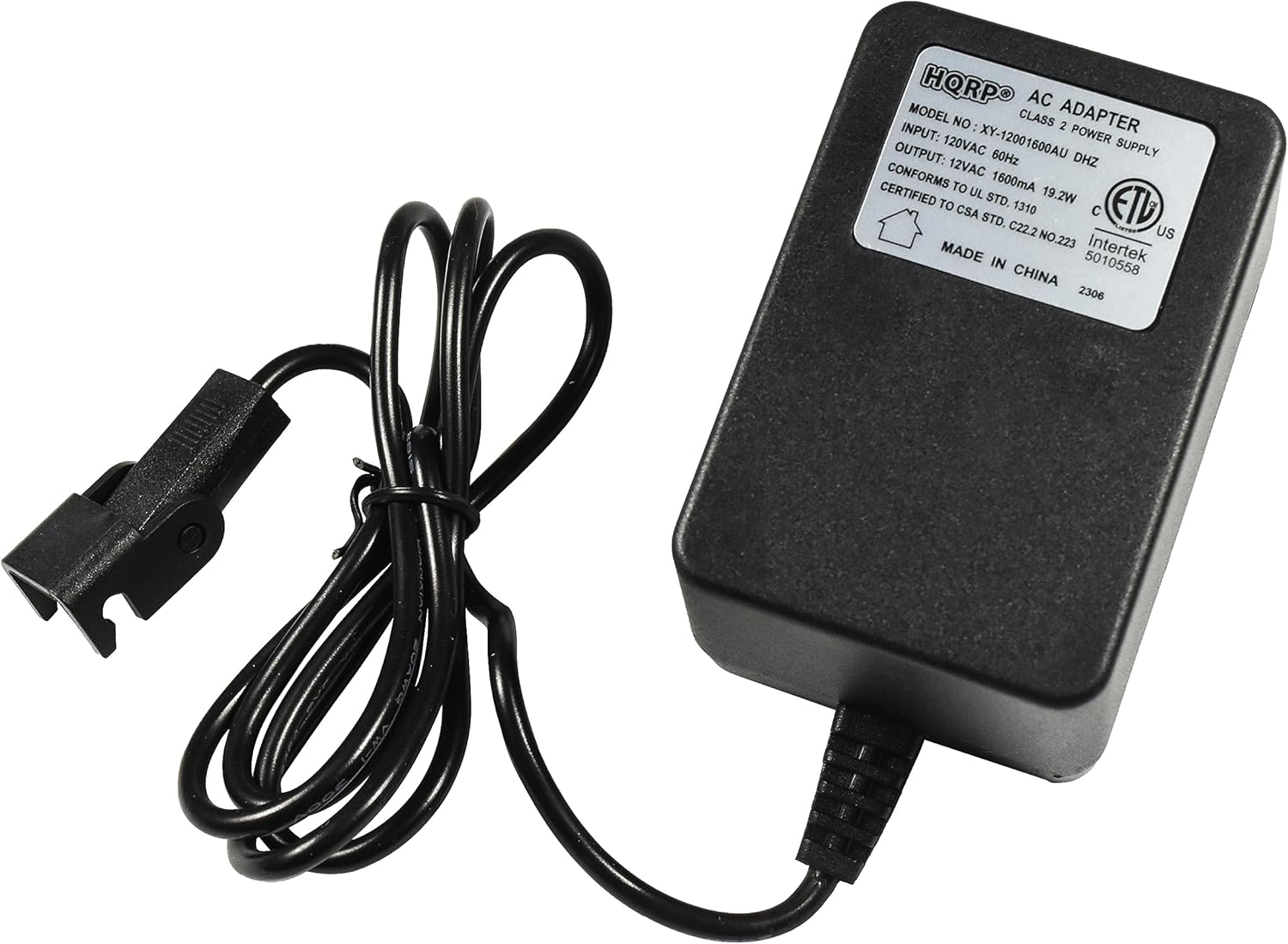 MODEL HORPO AC INPUT: 120VAC 60Hz CLASS ADAPTER 2 POWER OUTPUT: 12VAC 1600mA 19.2W XY-12001600AU DHZ SUPPLY CONFORMS TO UL 1310 CSA STD. C22.2 NO.223 US MADE IN 5010558 Intertek CHINA 2306