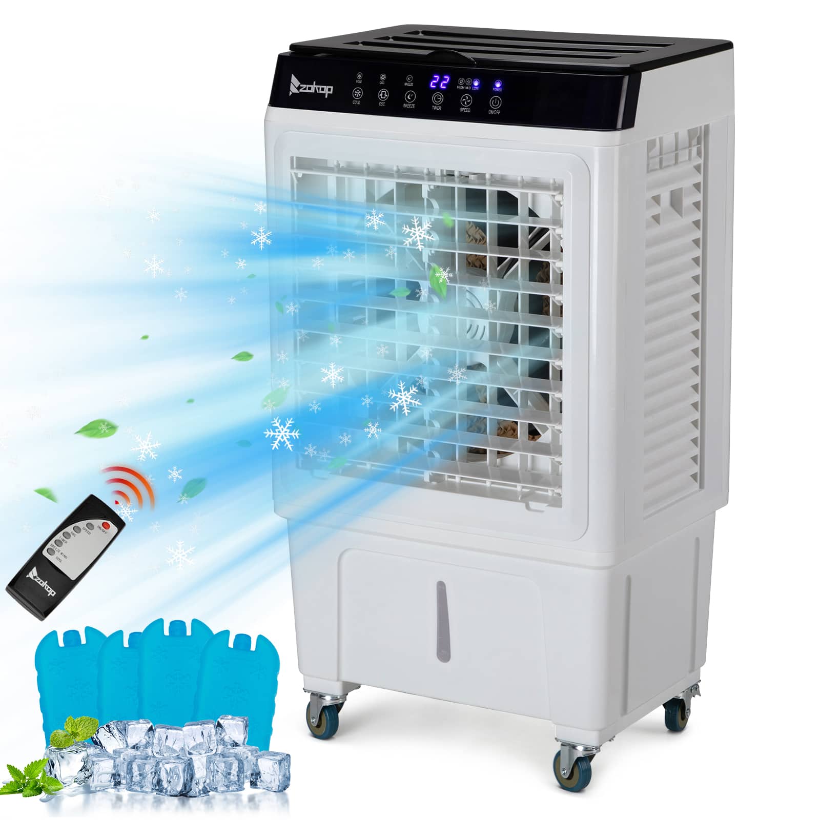 Winado - 7.9Gal Portable Swamp Cooler, 2353CFM Evaporative Air Cooler w/Auto Oscillating, Remote, 3 Speeds, Timer & 4 Ice Packs - White