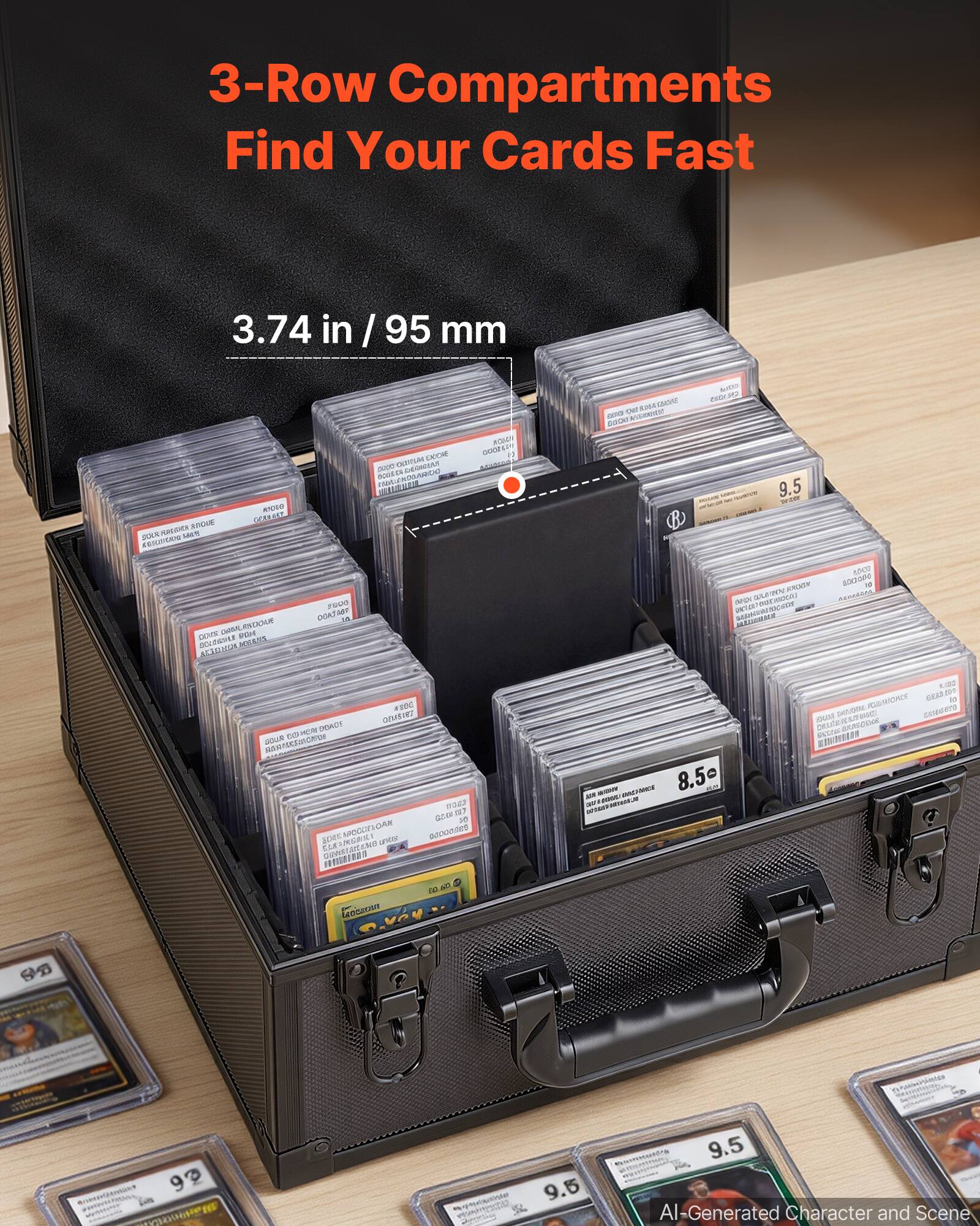 3-Row Compartments Find Your Cards Fast

3.74 in / 95 mm

AI-Generated Character and Scene
