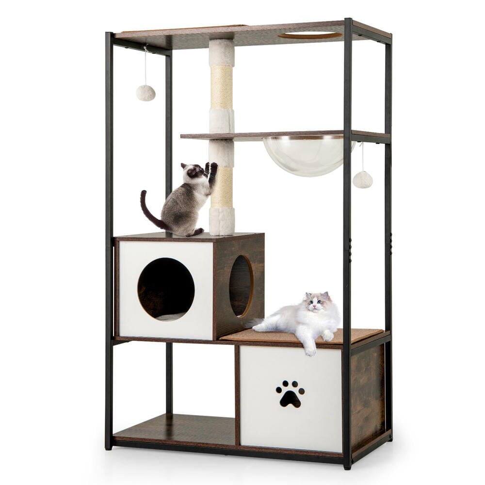 Alt View 2. Kadyn - 52-Inch Wooden Cat Tree with Metal Frame, Two Condos, and Cushions, Coffee - Brown.