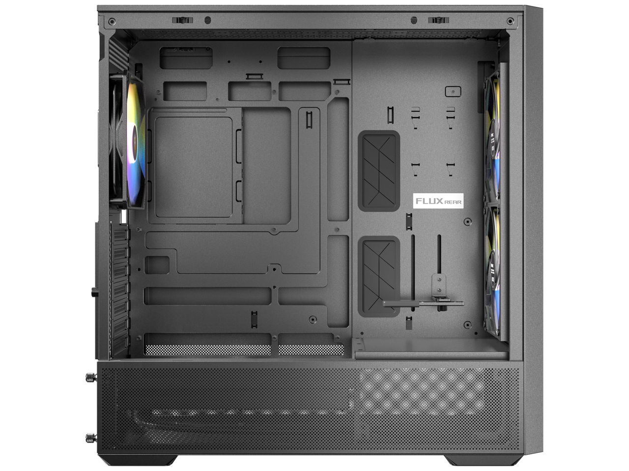 Alt View 4. Antec - Antec FLUX Rear, 5 PWM Fans, F-LUX Platform, Wood Accents, Tempered Glass, 360mm Radiator, ATX Mid-Tower Case - Premium Wood Accents.