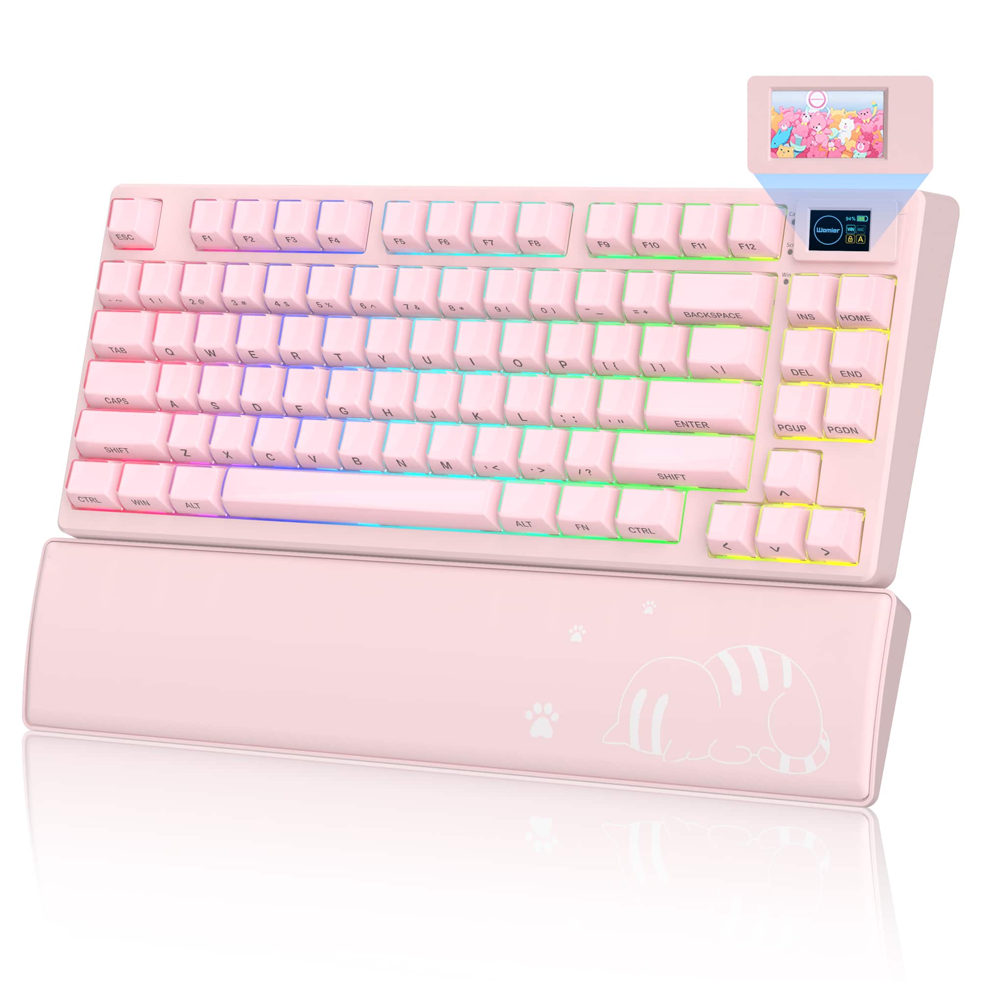 Womier - Sk80 Pro Themed 75% Wireless Mechanical Keyboard With Multimedia Display,Wrist Rest and Mouse Pad With RGB - Pink