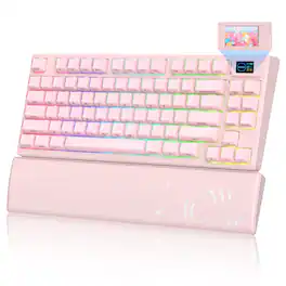 Womier - Sk80 Pro Themed 75% Wireless Mechanical Keyboard With Multimedia Display,Wrist Rest and Mouse Pad With RGB - Pink