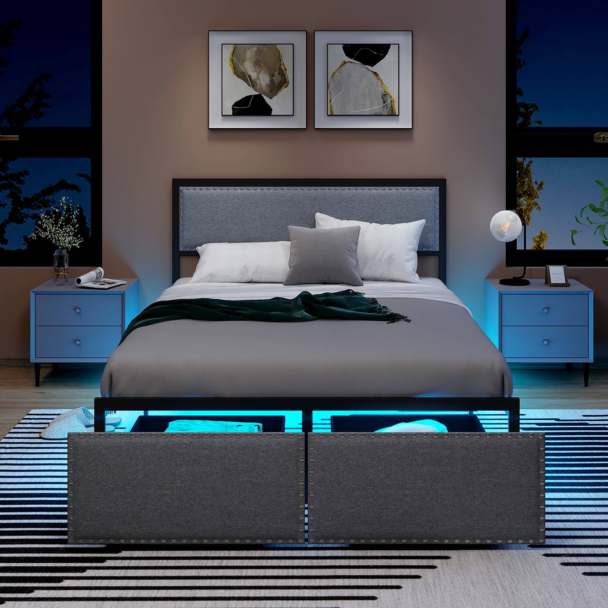 Alt View 3. Gymax - Gymax Full Size Bed Frame w/ 2 Storage Drawers LED Lights Slats Support Modern - Gray.