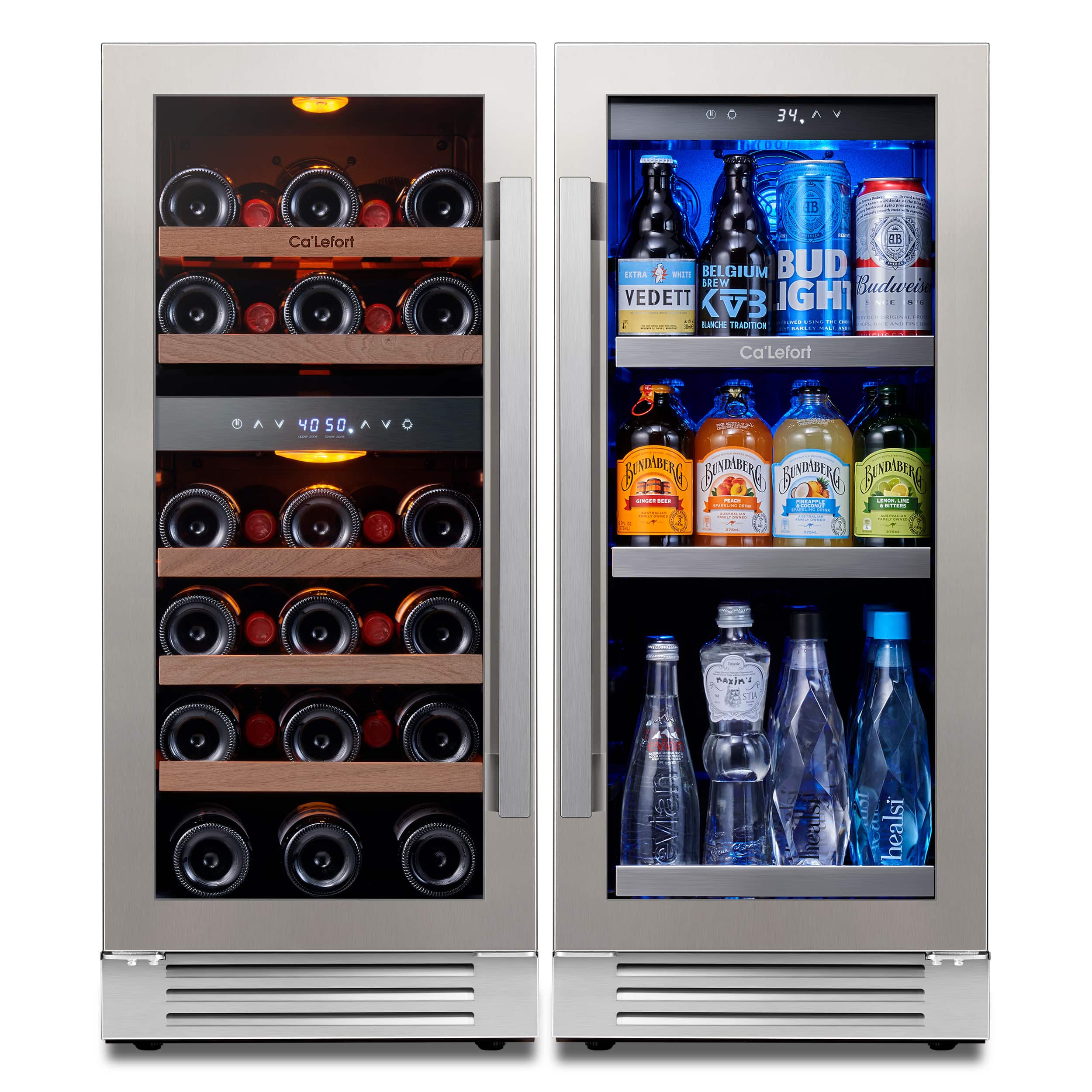 Ca'Lefort - 30" Dual Zone Wine & Beverage Fridge, 15" Cooler + 15" Fridge, Glass Door, 3 LED, 6.0 Cu.ft - Stainless Steel