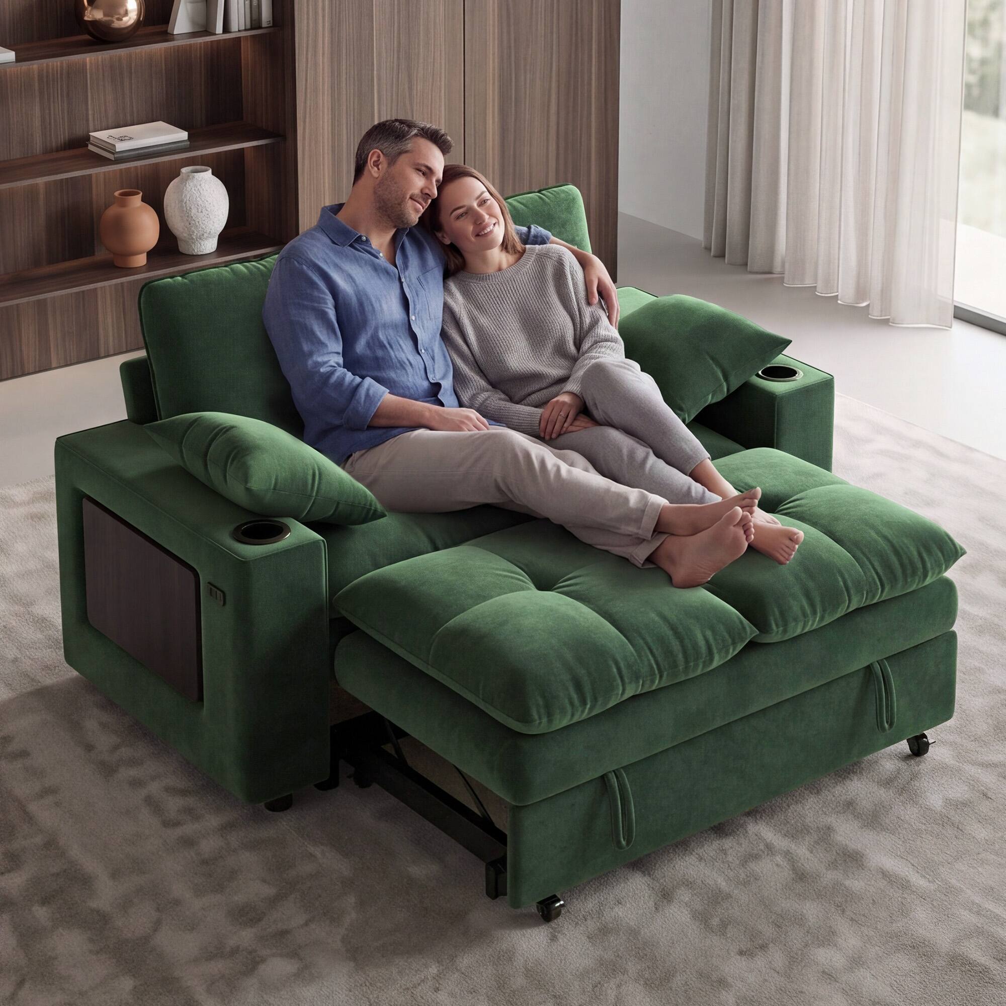 Left. Vipbear - 65" Loveseat Sleeper Sofa with Pull Out Bed, Couch with Reclining Backrest, USB Ports, Cup Holders, Side Table - Green.