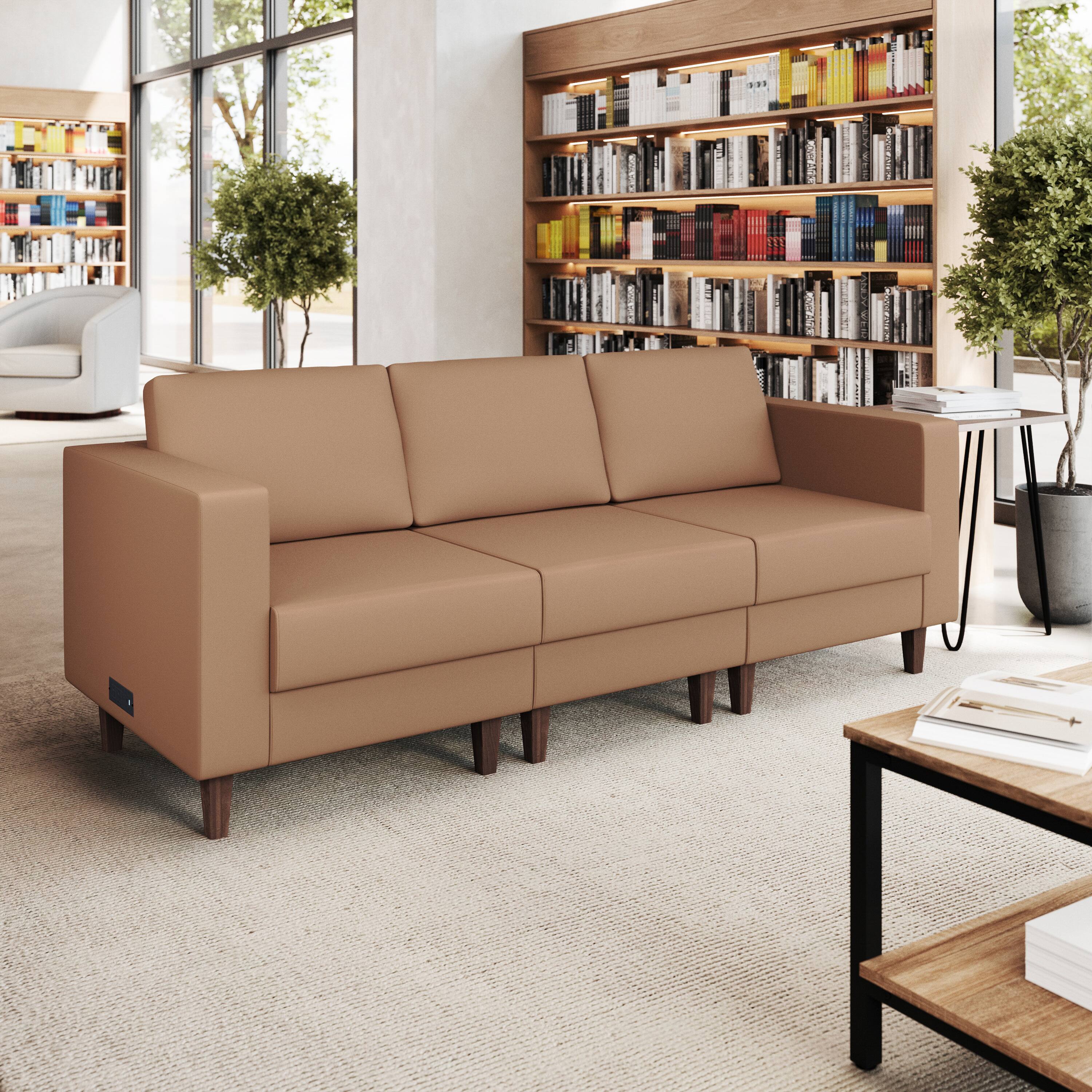Alt View 1. Flash Furniture - HERCULES Artemis Cognac LeatherSoft Reception Sofa with 4 AC Outlets/2 USB/2 USB-C Ports and Solid Wood Walnut Legs with - Brown.