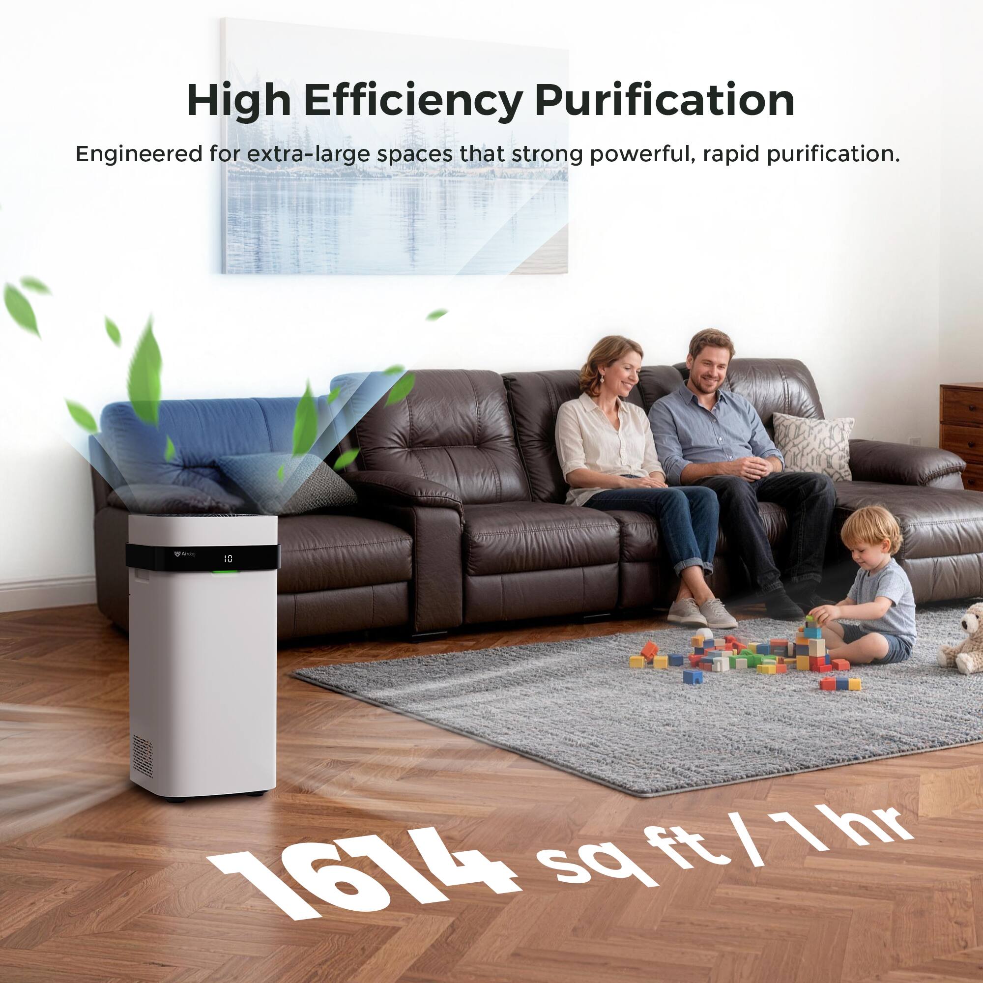 High Efficiency Purification Engineered for extra-large spaces that are strong, powerful, rapid purification. - 15 ft/Thr ft / 1 hr 1614 sq ft