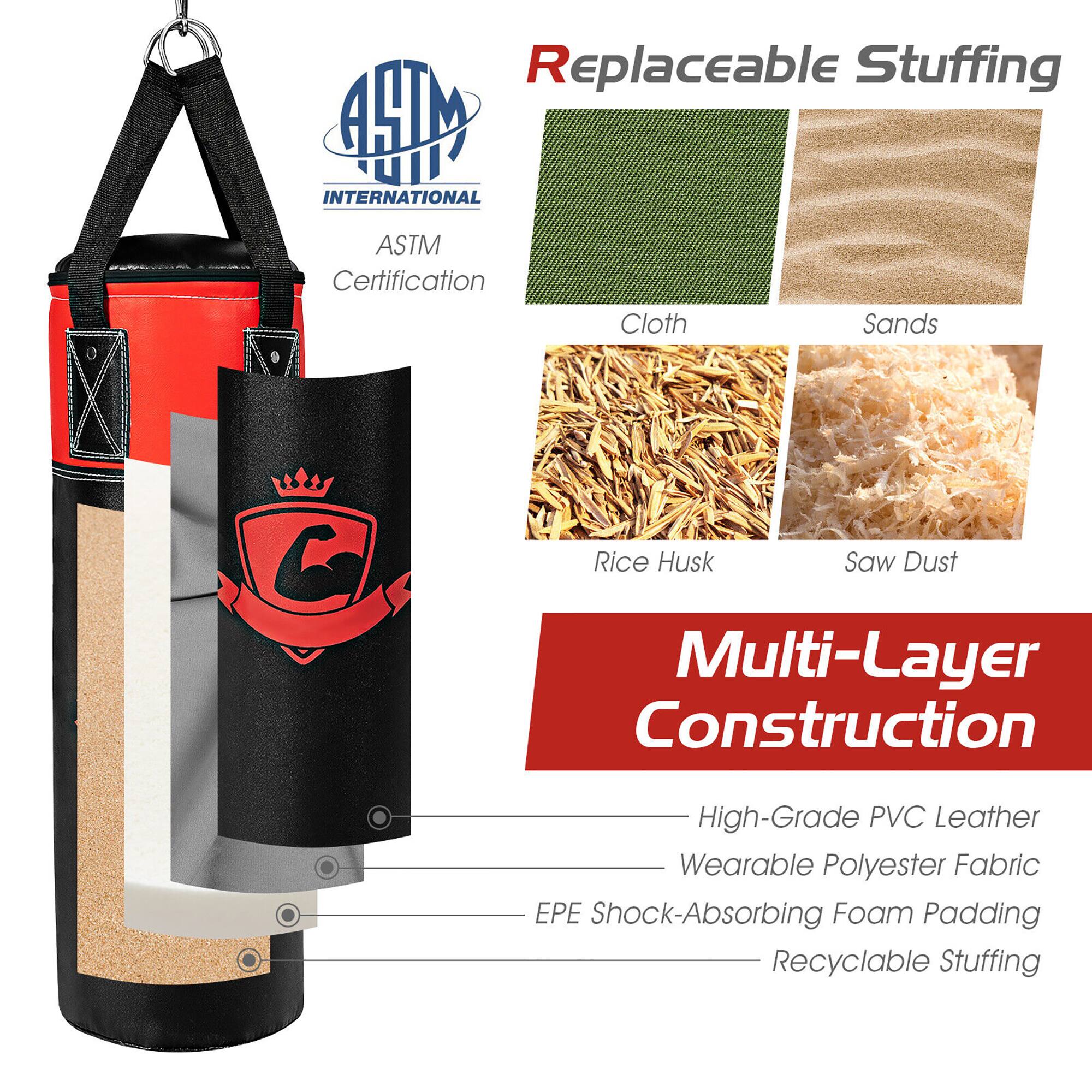 Replaceable Stuffing  
ASTM International Certification  
Cloth  
Sands  
Rice Husk  
Saw Dust  

Multi-Layer Construction  
High-Grade PVC Leather  
Wearable Polyester Fabric  
EPE Shock-Absorbing Foam Padding  
Recyclable Stuffing
