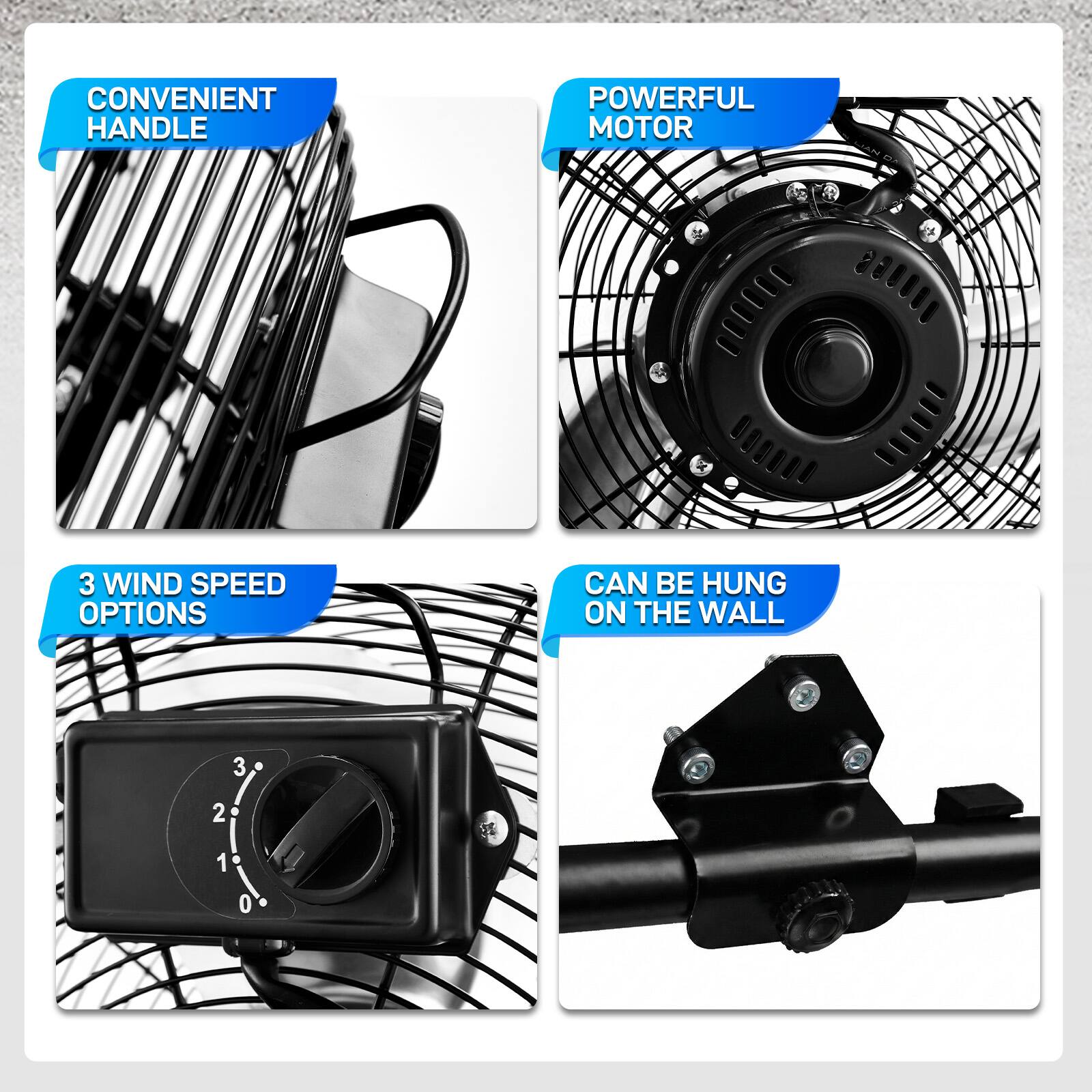 CONVENIENT HANDLE  
POWERFUL MOTOR  
3 WIND SPEED OPTIONS  
CAN BE HUNG ON THE WALL