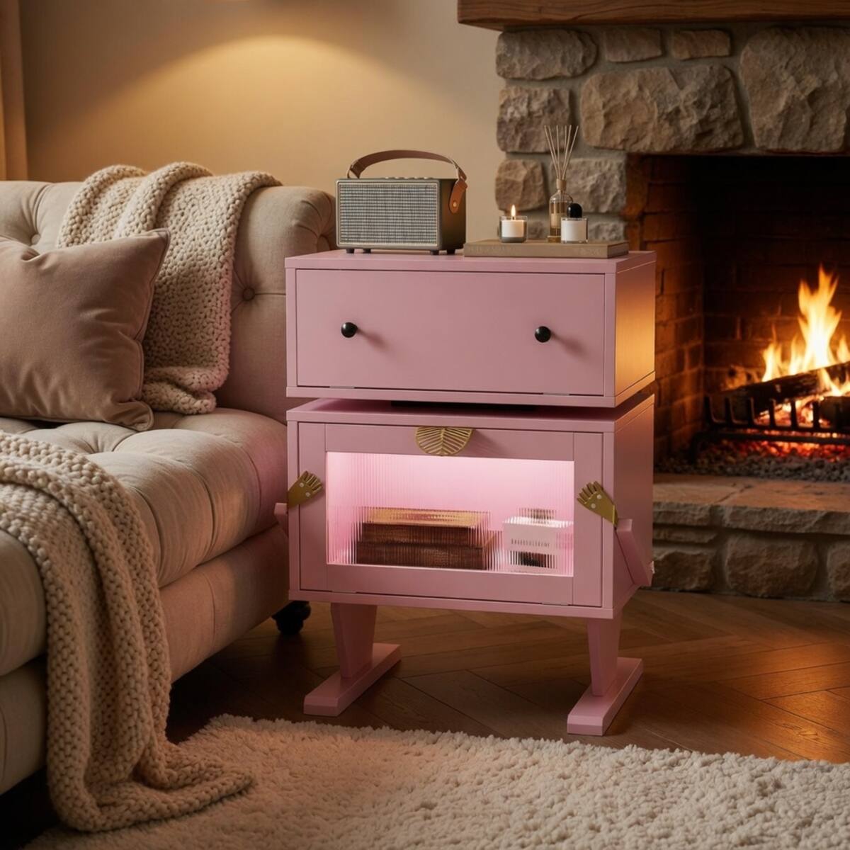 Alt View 8. Loheer - Loheer Pink Robot LED Nightstand with 360 Degree Rotating Drawer, 20.7 Inch Wide - Pink.