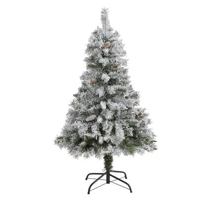 Front. BreeBe - 4' Flocked White Christmas Tree with Pinecone and 252 Tips - White, Green.