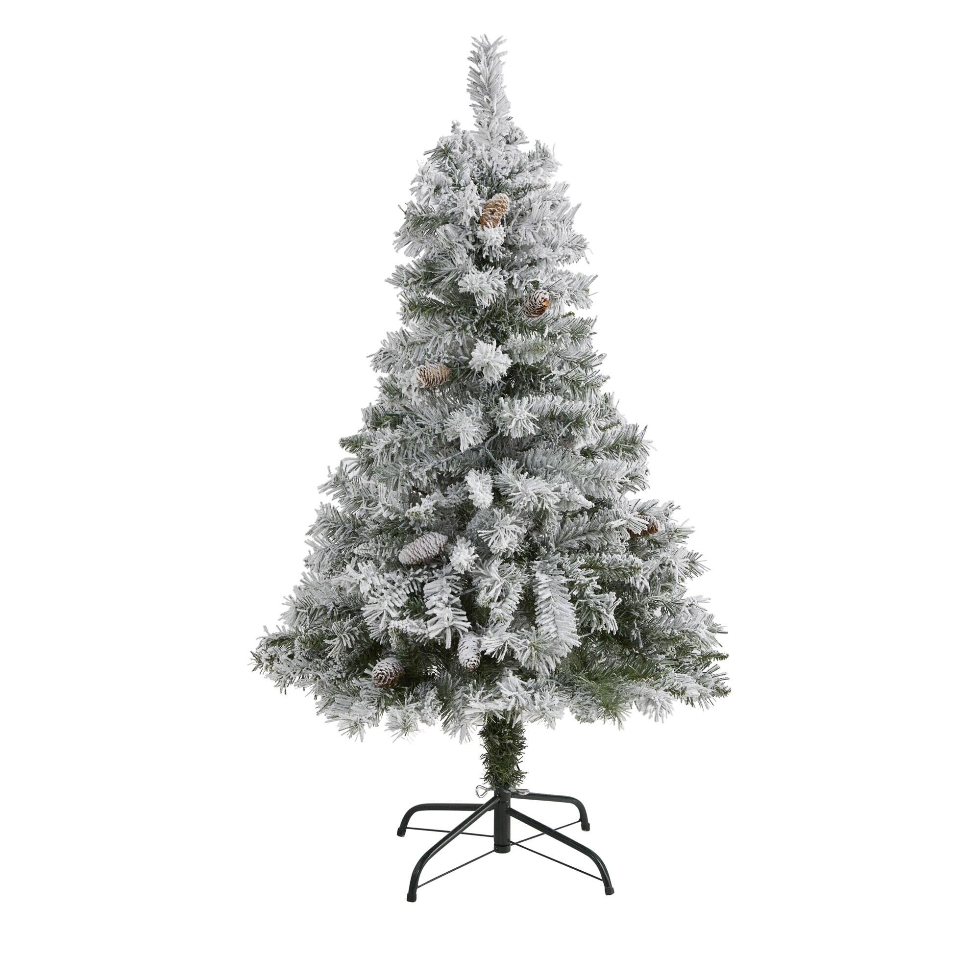 Front. BreeBe - 4' Flocked White Christmas Tree with Pinecone and 252 Tips - White, Green.