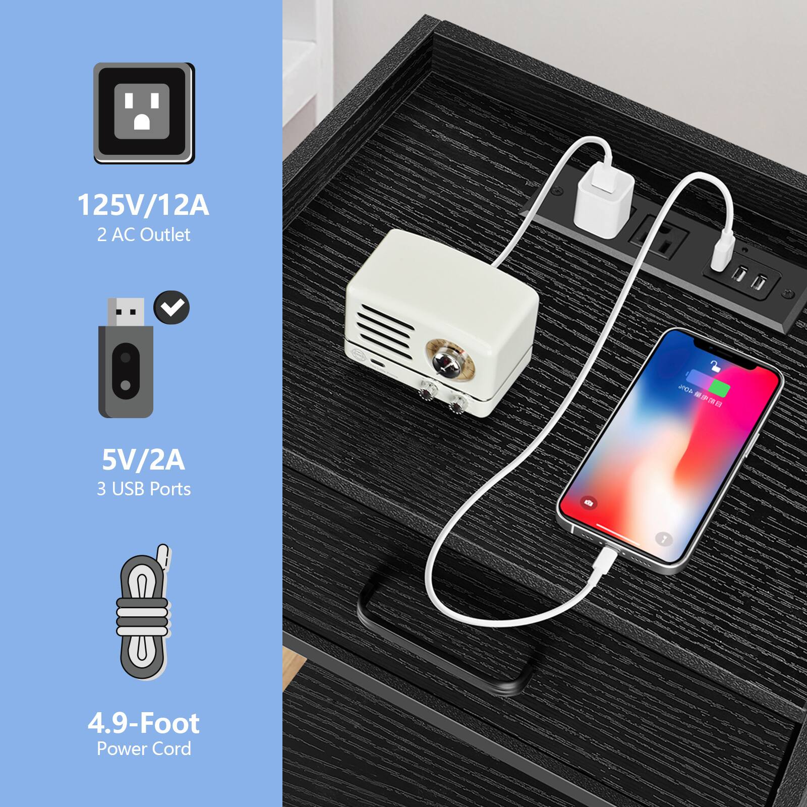 125V/12A 2 AC Outlet  
5V/2A 3 USB Ports  
4.9-Foot Power Cord