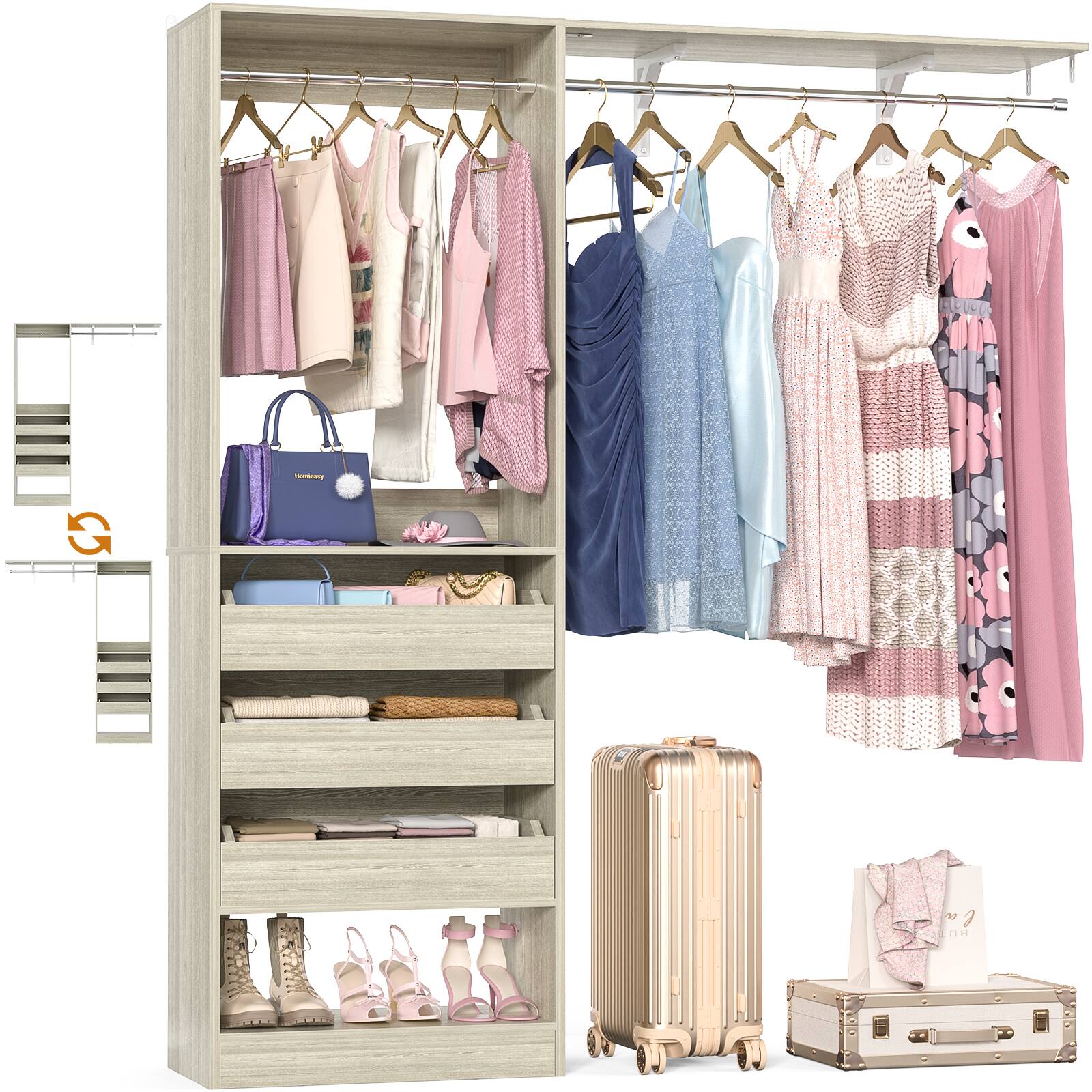 Back. Aheaplus - 60'' Wide Closet System with 3 Drawers, 2 Hanging Rods, and Side Shelf, Hanging Closet for Closet, Bedroom - Beige Oak.