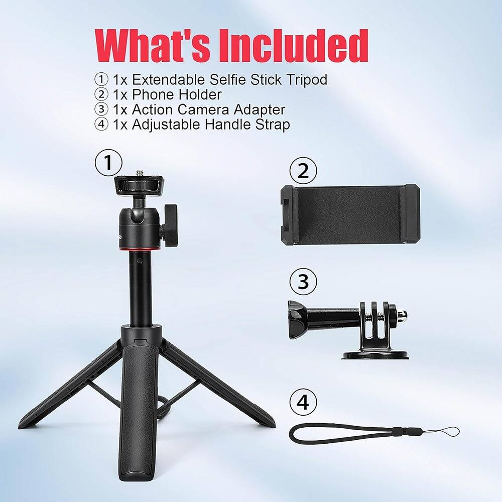 What's Included

1. 1x Extendable Selfie Stick Tripod
2. 1x Phone Holder
3. 1x Action Camera Adapter
4. 1x Adjustable Handle Strap