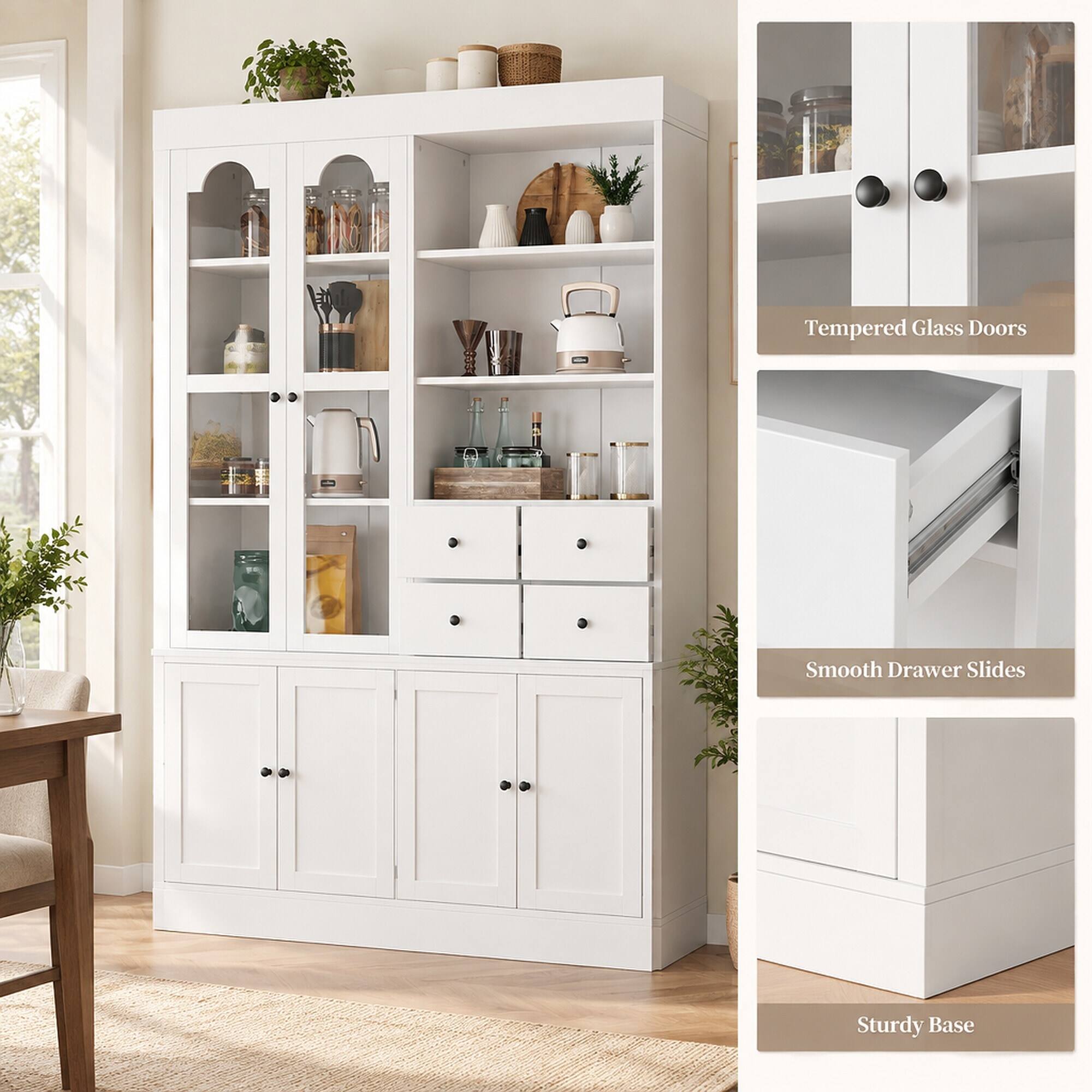 Tempered Glass Doors  
Smooth Drawer Slides  
Sturdy Base