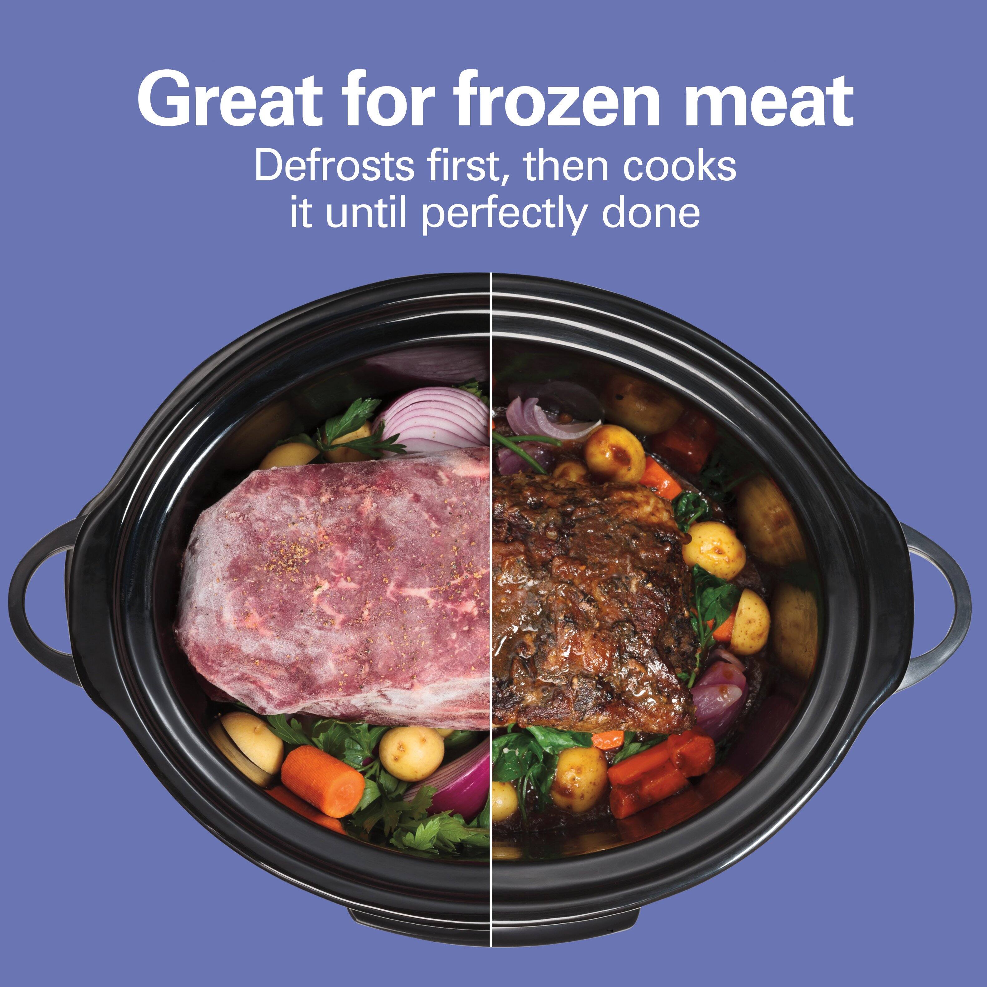 Great for frozen meat  
Defrosts first, then cooks it until perfectly done