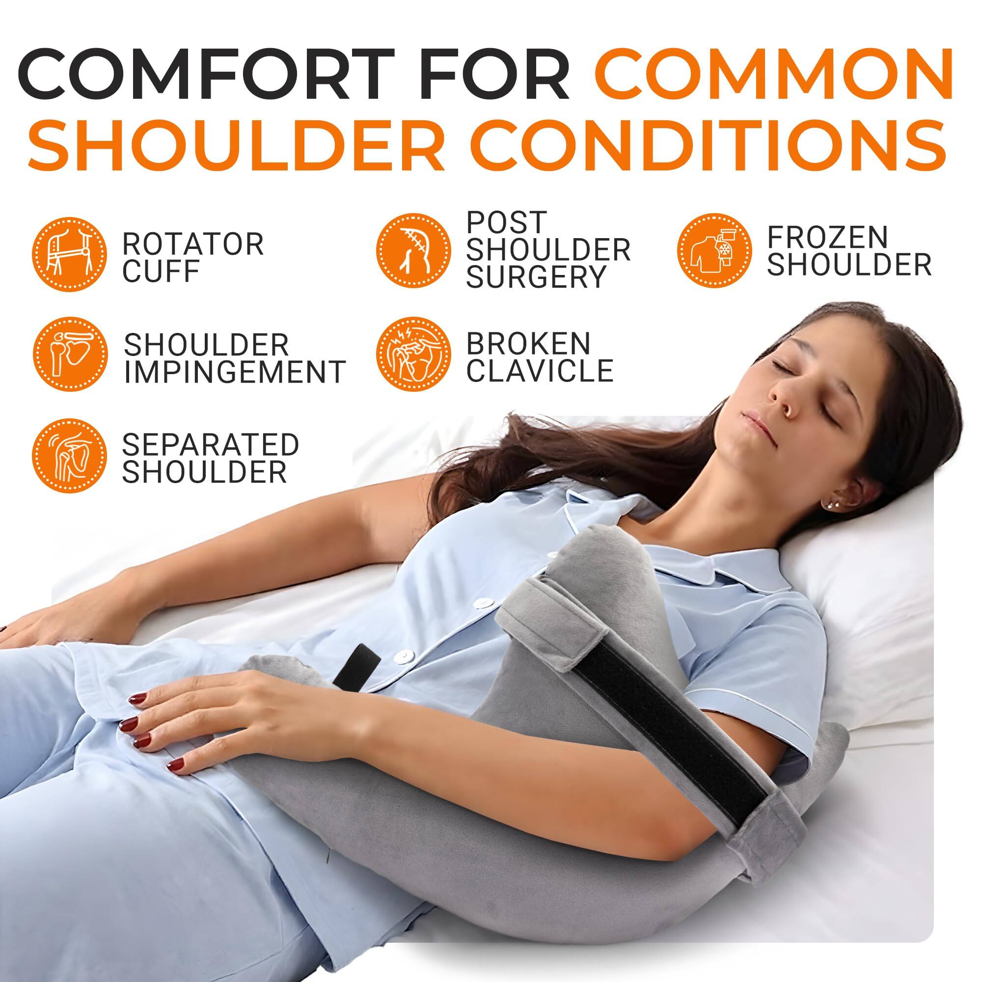COMFORT FOR COMMON SHOULDER CONDITIONS

- ROTATOR CUFF
- POST SHOULDER SURGERY
- FROZEN SHOULDER
- SHOULDER IMPINGEMENT
- BROKEN CLAVICLE
- SEPARATED SHOULDER