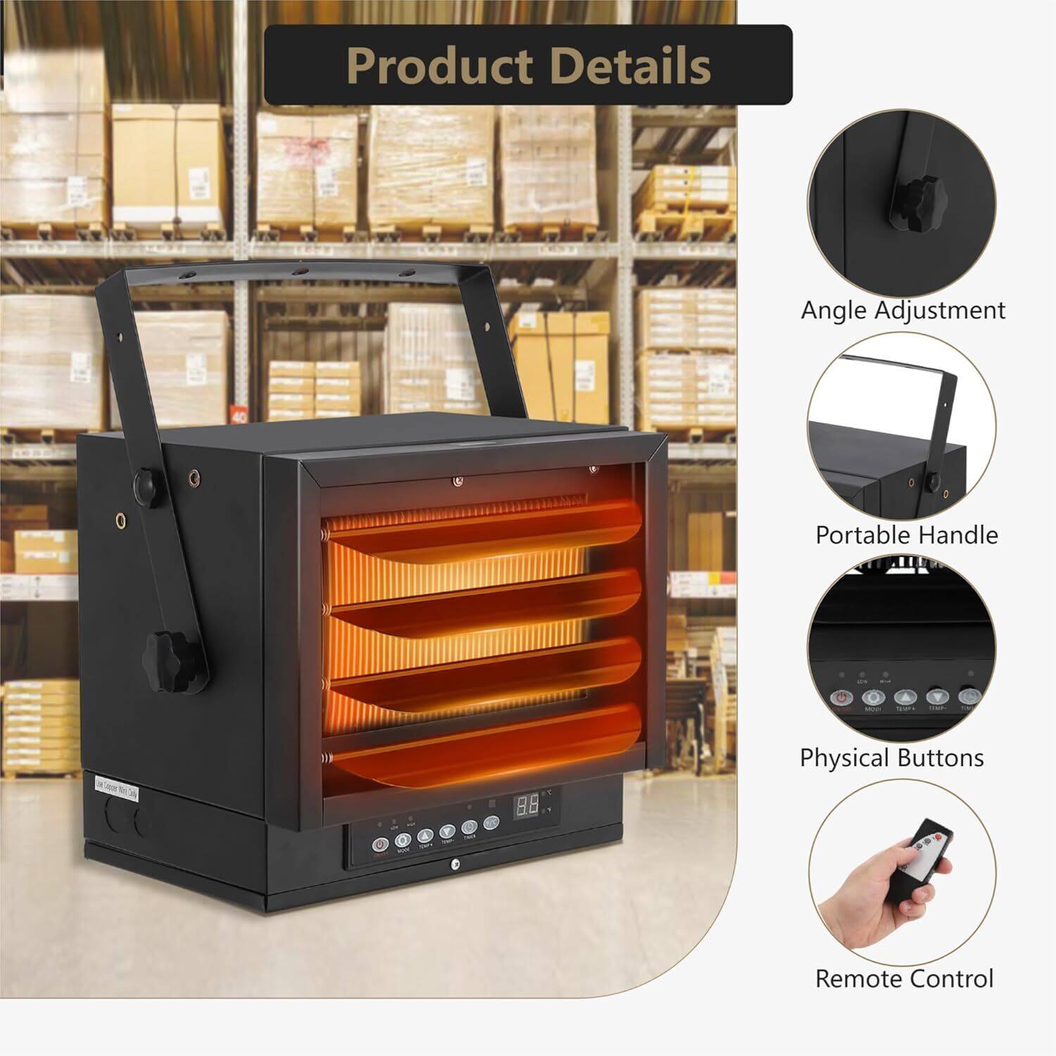 Angle. Acekool - 7000w, Ceiling or Wall Mounted Electric Garage Heater for Large Rooms, Shops.