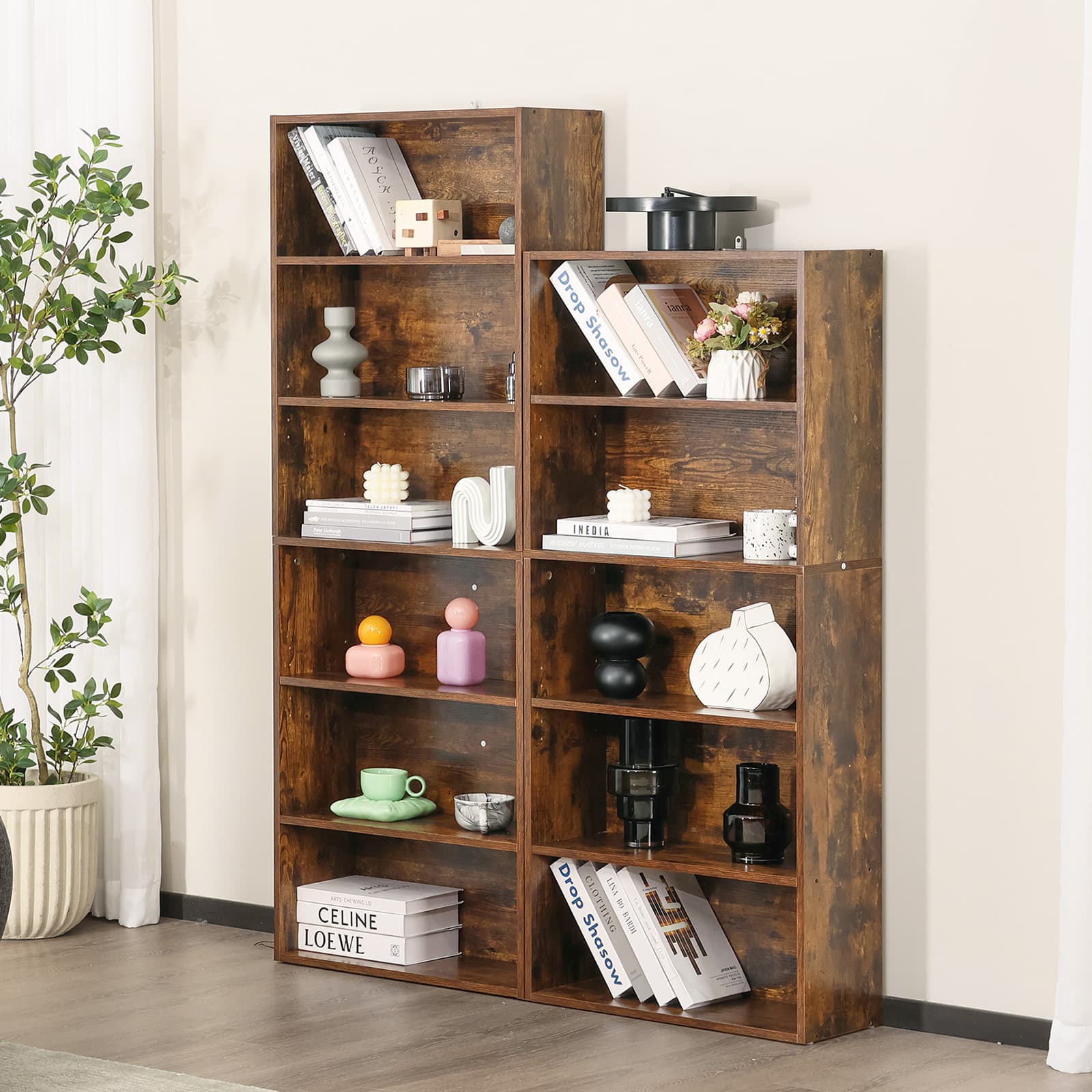 Lirago - 24in. Tall Industrial 5-Shelf Bookcase Floor Standing Open Bookshelf for Home Office Storage - Brown