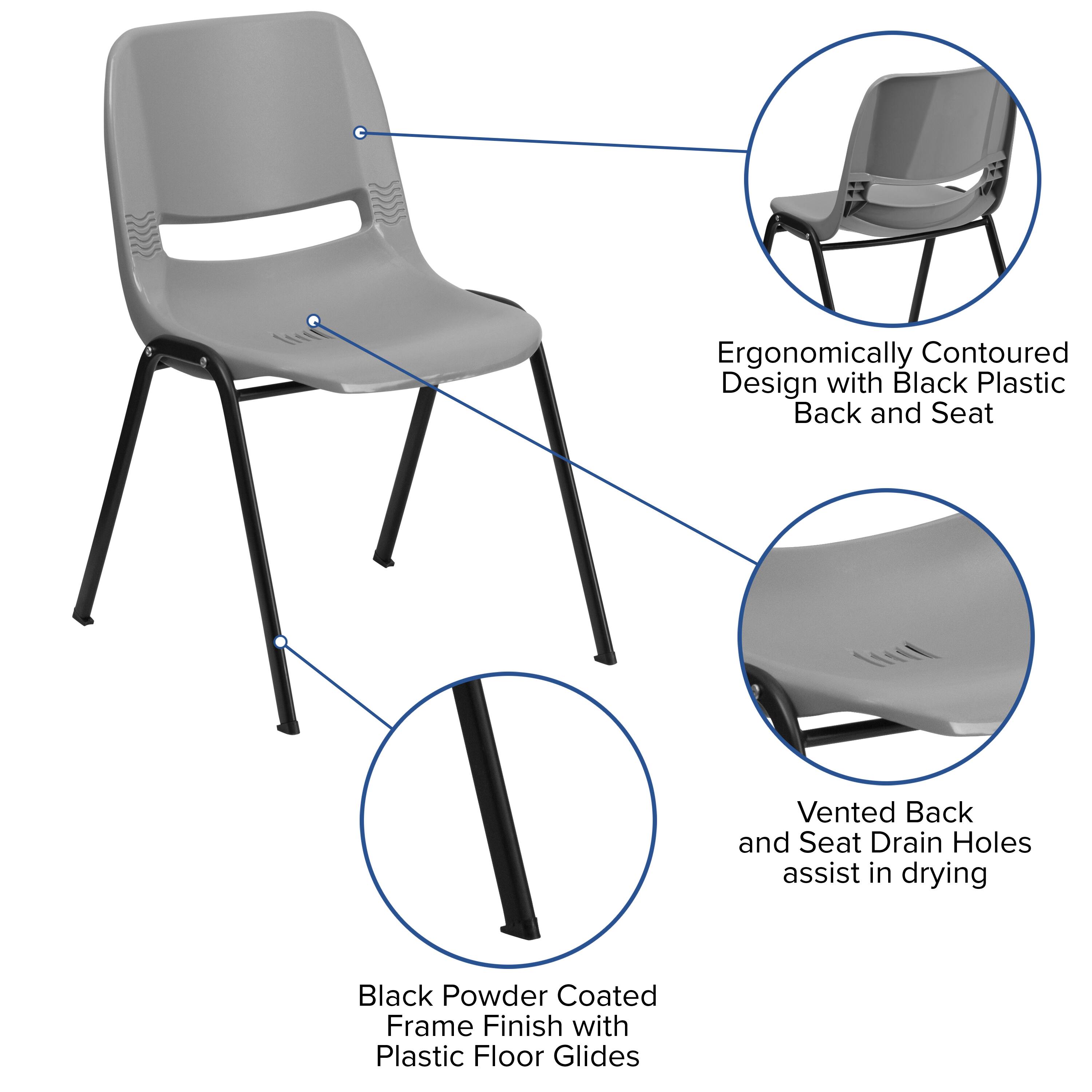 Ergonomically Contoured Design with Black Plastic Back and Seat  
Vented Back and Seat Drain Holes assist in drying  
Black Powder Coated Frame Finish with Plastic Floor Glides