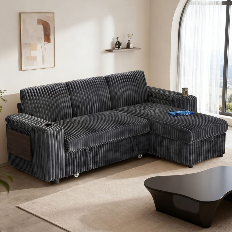 Front. Dyonery - 85" Modular Sectional Sofa with Pull Out Bed,Corduroy Fabric 3 Seat Sectional Sofa with Storage,for Living Room - Dark Dray.