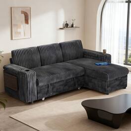 Dyonery - 85" Modular Sectional Sofa with Pull Out Bed,Corduroy Fabric 3 Seat Sectional Sofa with Storage,for Living Room - Dark Dray