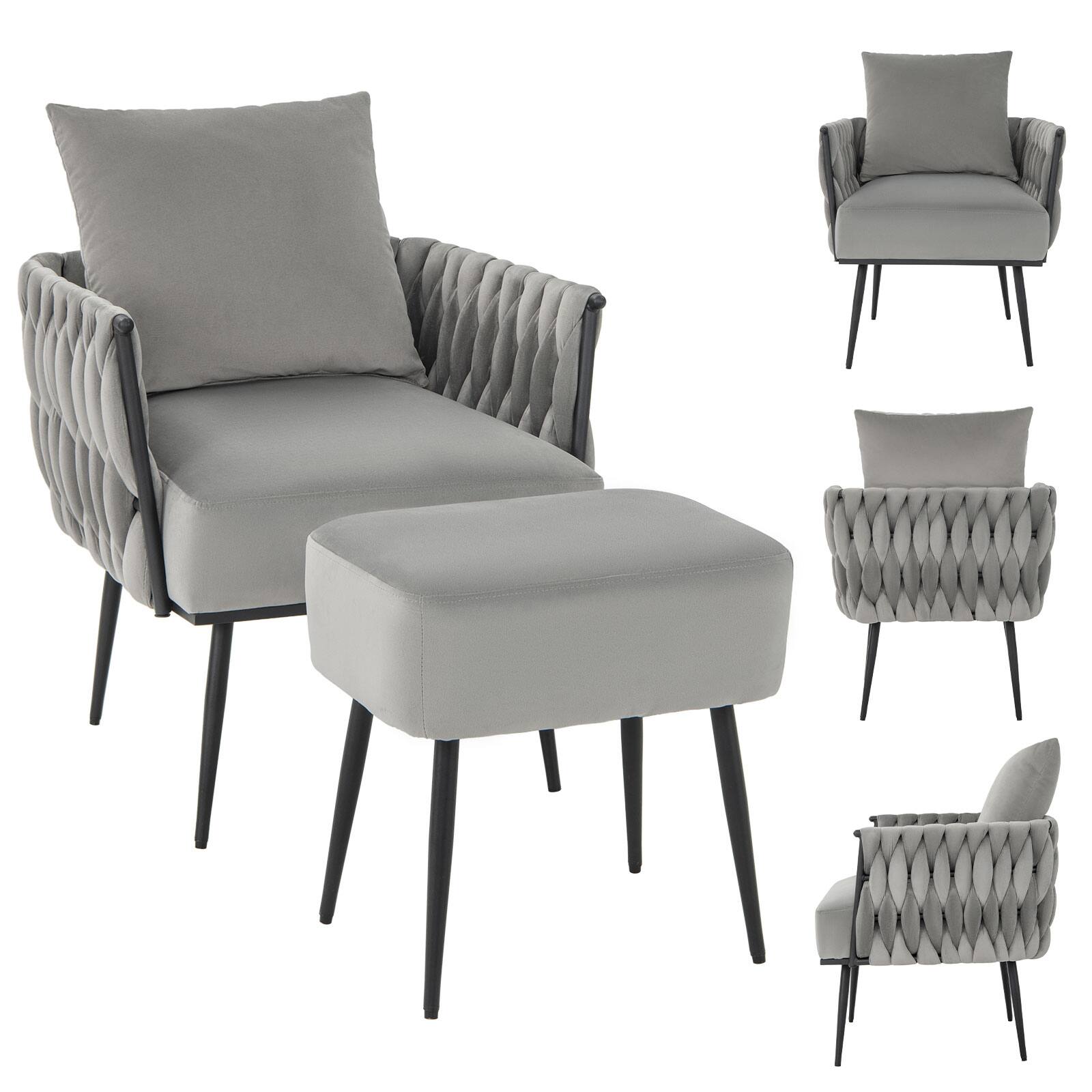 Back. SlickBlue - Velvet Accent Chair with Ottoman, Weaved Back Design for Living Room Seating - Grey.