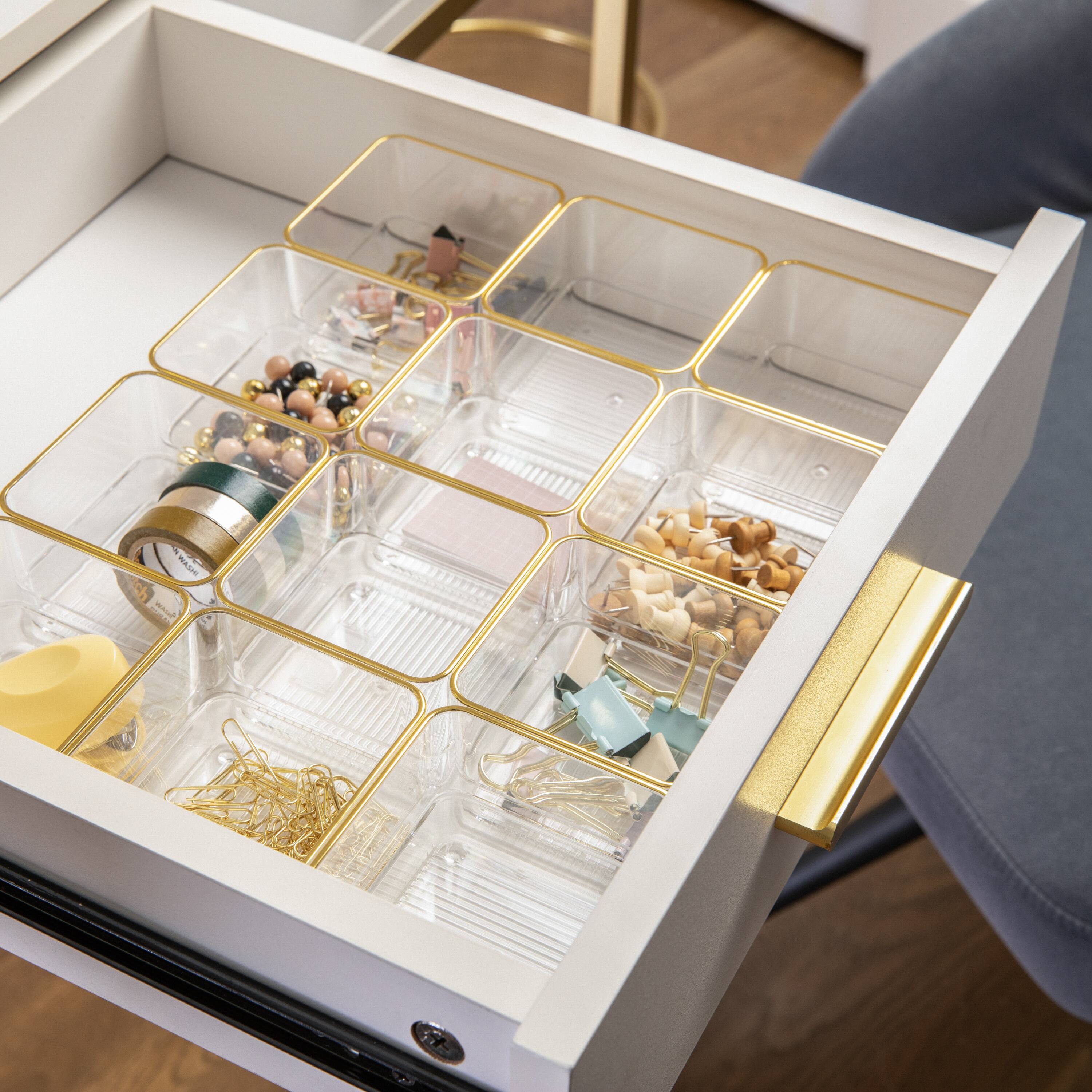 Alt View 11. Martha Stewart - Kerry Set of 12 Plastic Stacking Desk Drawer Organizers with Gold Trim - 3 x 3 - Clear/Gold Trim.
