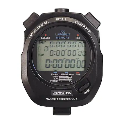 RECALL RESET START LAP/SPLIT 100 STOP LAP/SPLIT SELECT MEMORY SET SPLIT 0:000000 LAP 0:000000 STOP-W STROKE BASES TIME SPLIT LAP STROKE LLLTRAK BEOT 495 MODE WATER RESISTANT