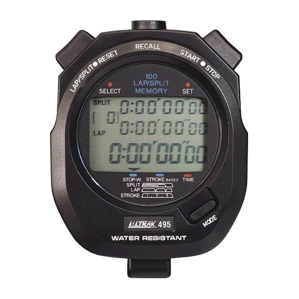 RECALL RESET START LAP/SPLIT 100 STOP LAP/SPLIT SELECT MEMORY SET SPLIT 0:000000 LAP 0:000000 STOP-W STROKE BASES TIME SPLIT LAP STROKE LLLTRAK BEOT 495 MODE WATER RESISTANT