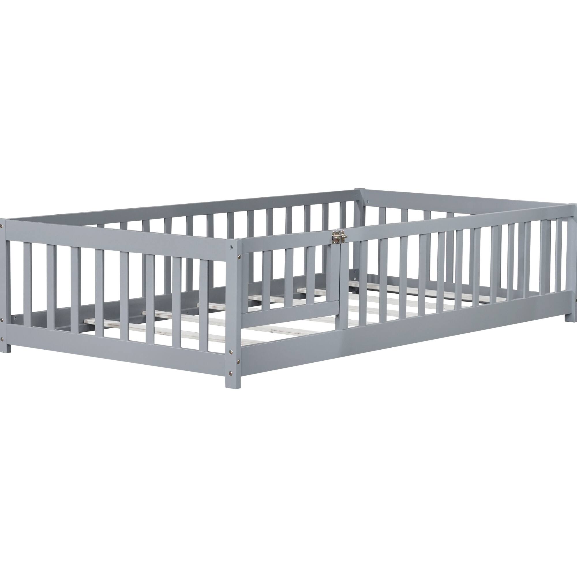 Alt View 6. GOODSILO - Twin Size Low-Profile Children's Floor Bed with Safety Guardrails and Entry Door, Natural Wood Finish - Grey.