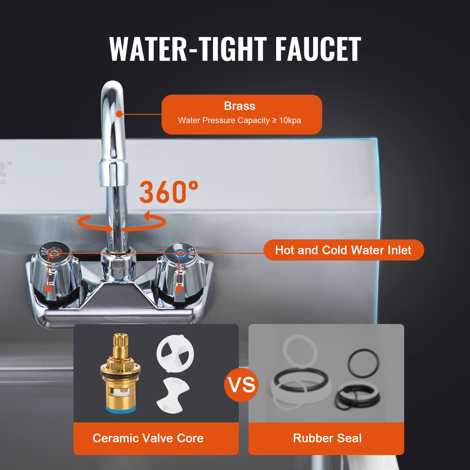 WATER-TIGHT FAUCET

Brass  
Water Pressure Capacity ≥ 10kpa

360°

Hot and Cold Water Inlet

Ceramic Valve Core

VS

Rubber Seal