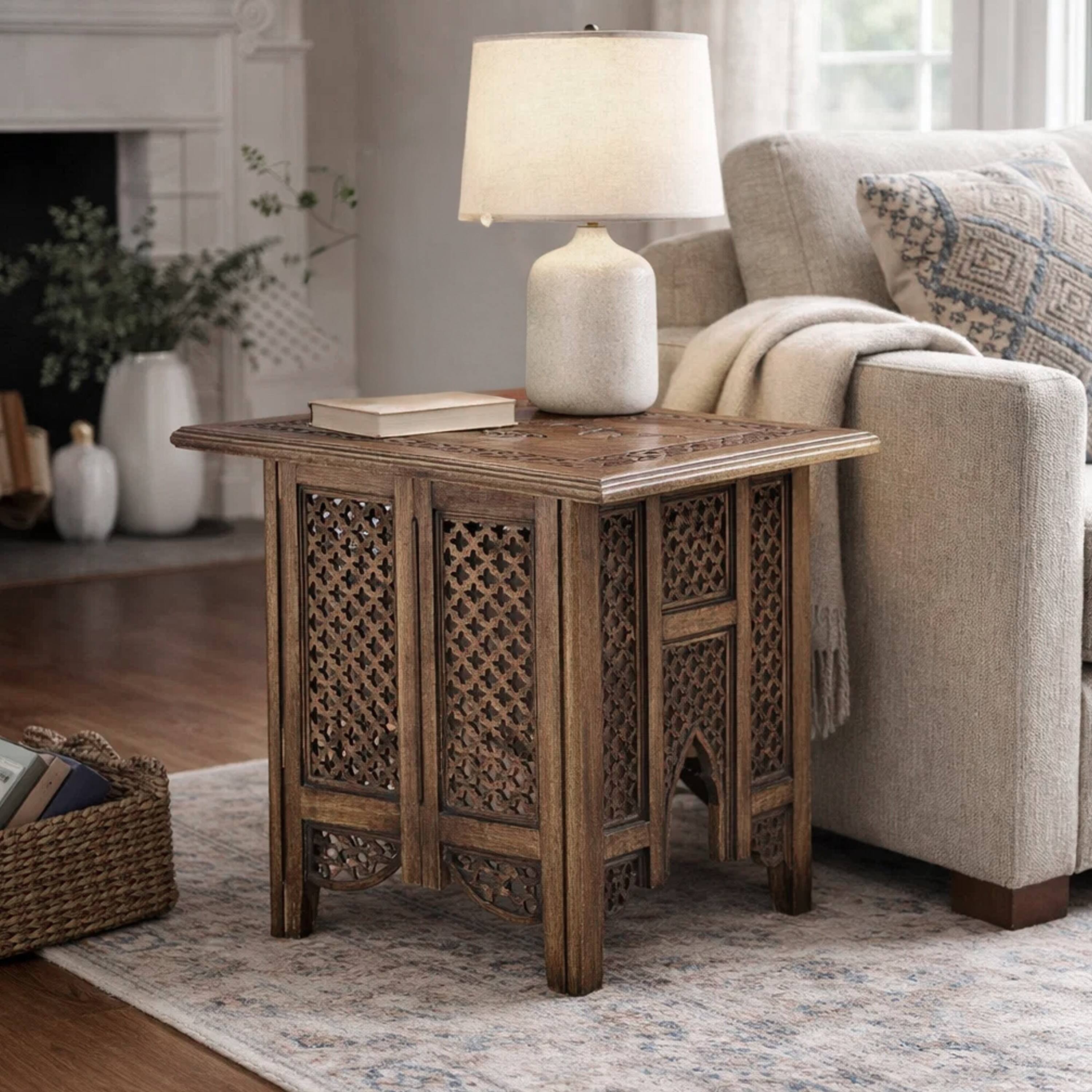 Alt View 8. Manhattan Lane - 21 Inch Boho Side End Table, Floral Carved Details, Foldable Panel Legs - Brown.