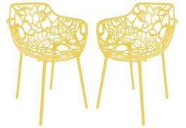LeisureMod - Set of 2 Devon Aluminum Dining Chair with UV-Protected Aluminum Frame Floral Cutout Design for Indoor Outdoor - Yellow