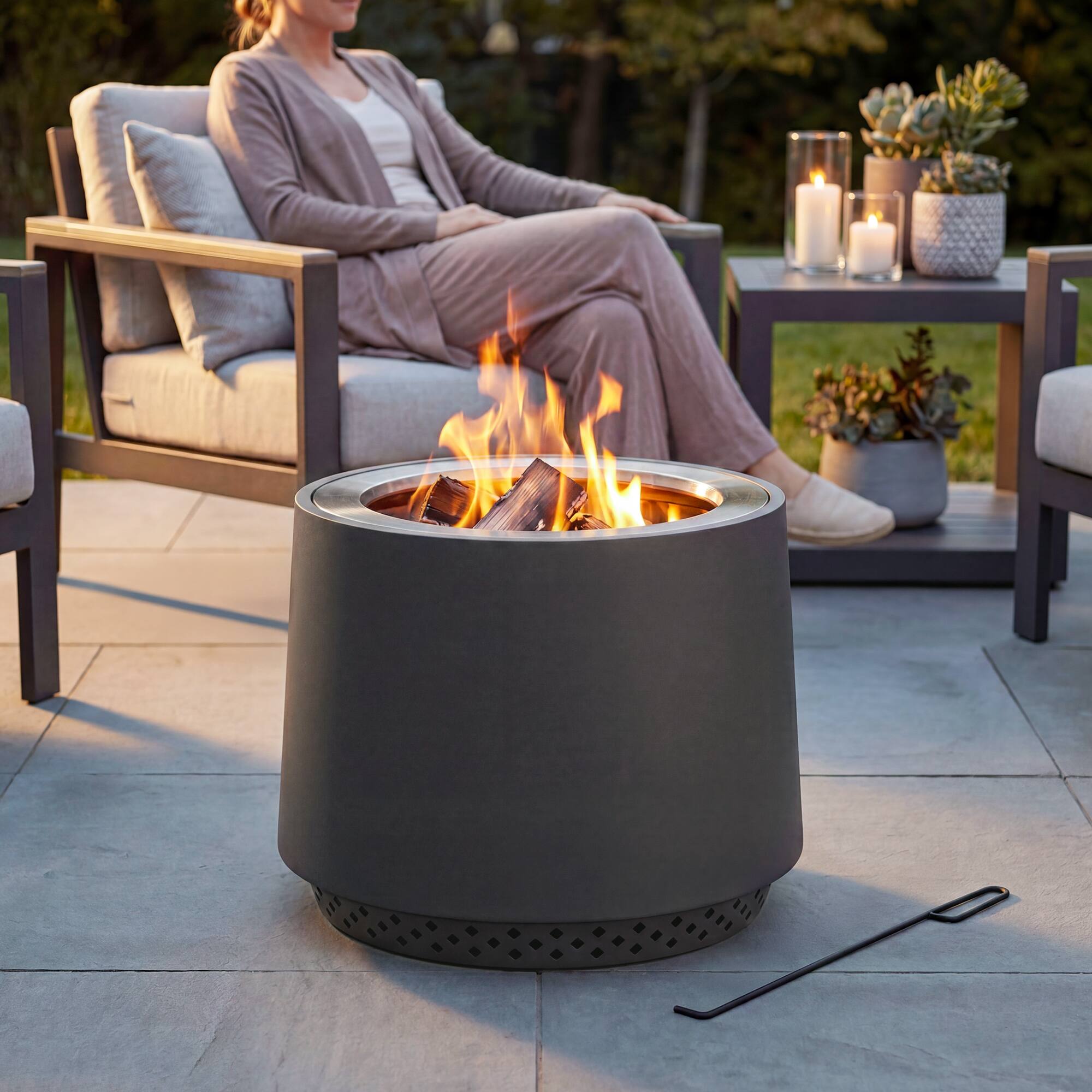 Front. SUNJOY - Sunjoy Argyle 21 in. Stainless Steel Wood-Burning Smokeless Fire Pit with PVC Cover and Poker, Grey.