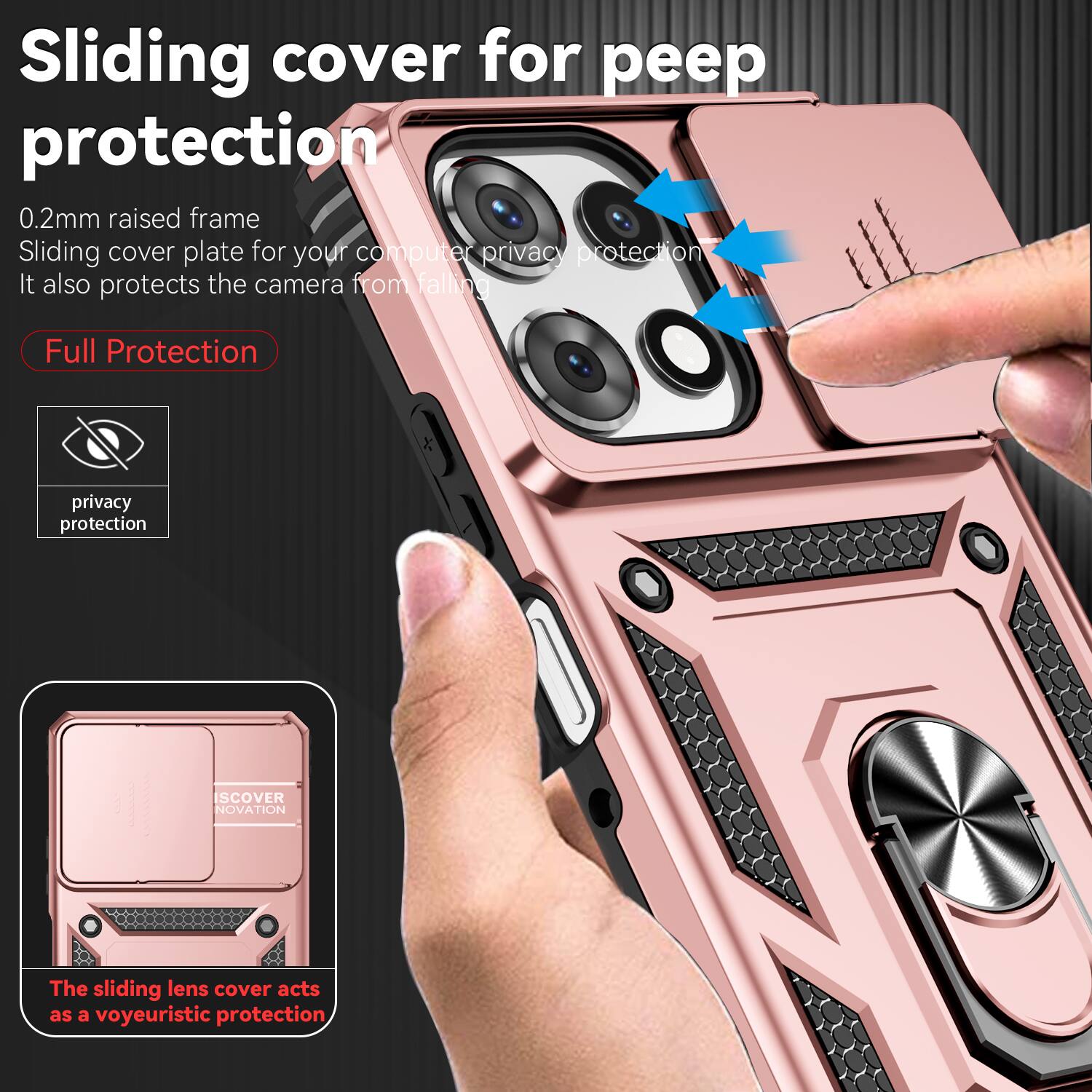 Sliding cover for peep protection  
0.2mm raised frame  
Sliding cover plate for your computer privacy protection  
It also protects the camera from falling  

Full Protection  
privacy protection  

The sliding lens cover acts as a voyeuristic protection
