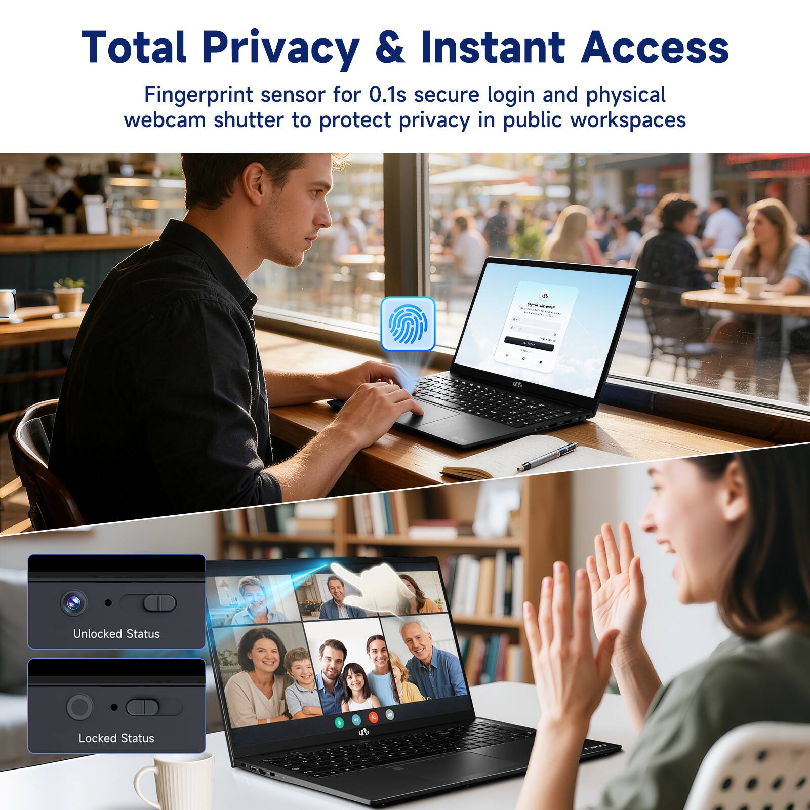Total Privacy & Instant Access

Fingerprint sensor for 0.1s secure login and physical webcam shutter to protect privacy in public workspaces

Unlocked Status

Locked Status