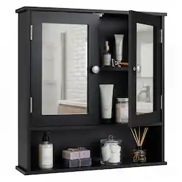 Costway - Wall Mount Mirror Cabinet Bathroom Medicine Cabinet Organizer - Black